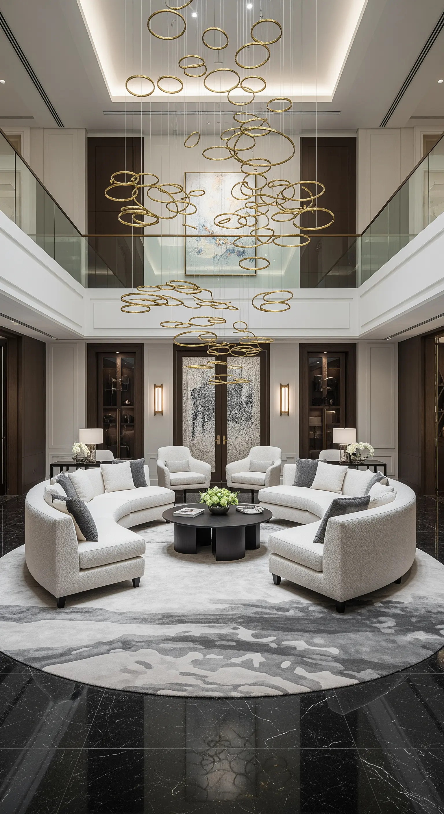 Große, schwebende Installation aus goldenen Ringen über einer runden Sitzgruppe.