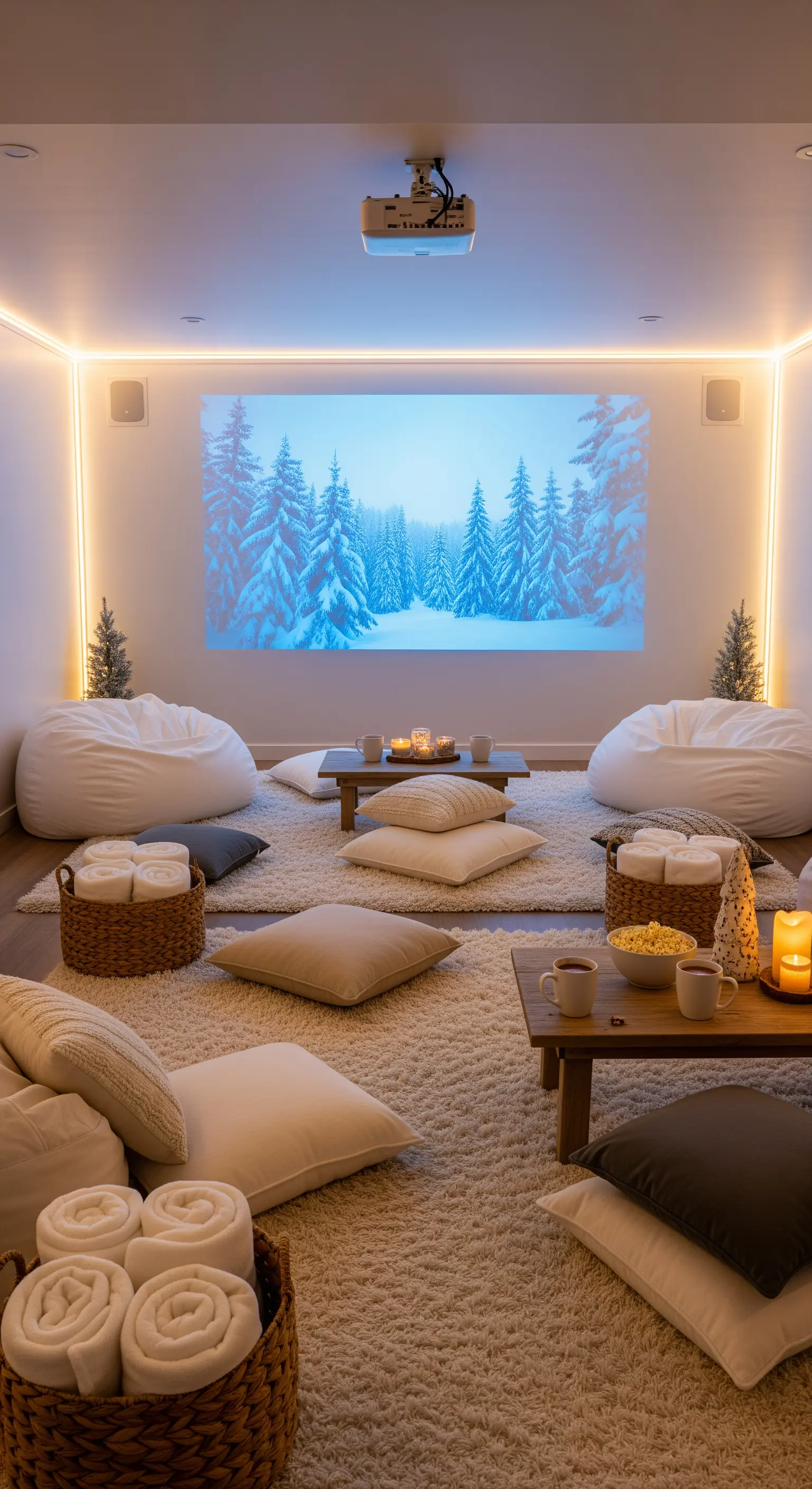 Gemütliches Heimkino mit Projektor, Sitzsäcken, Kissen, Decken und Kerzenlicht.
