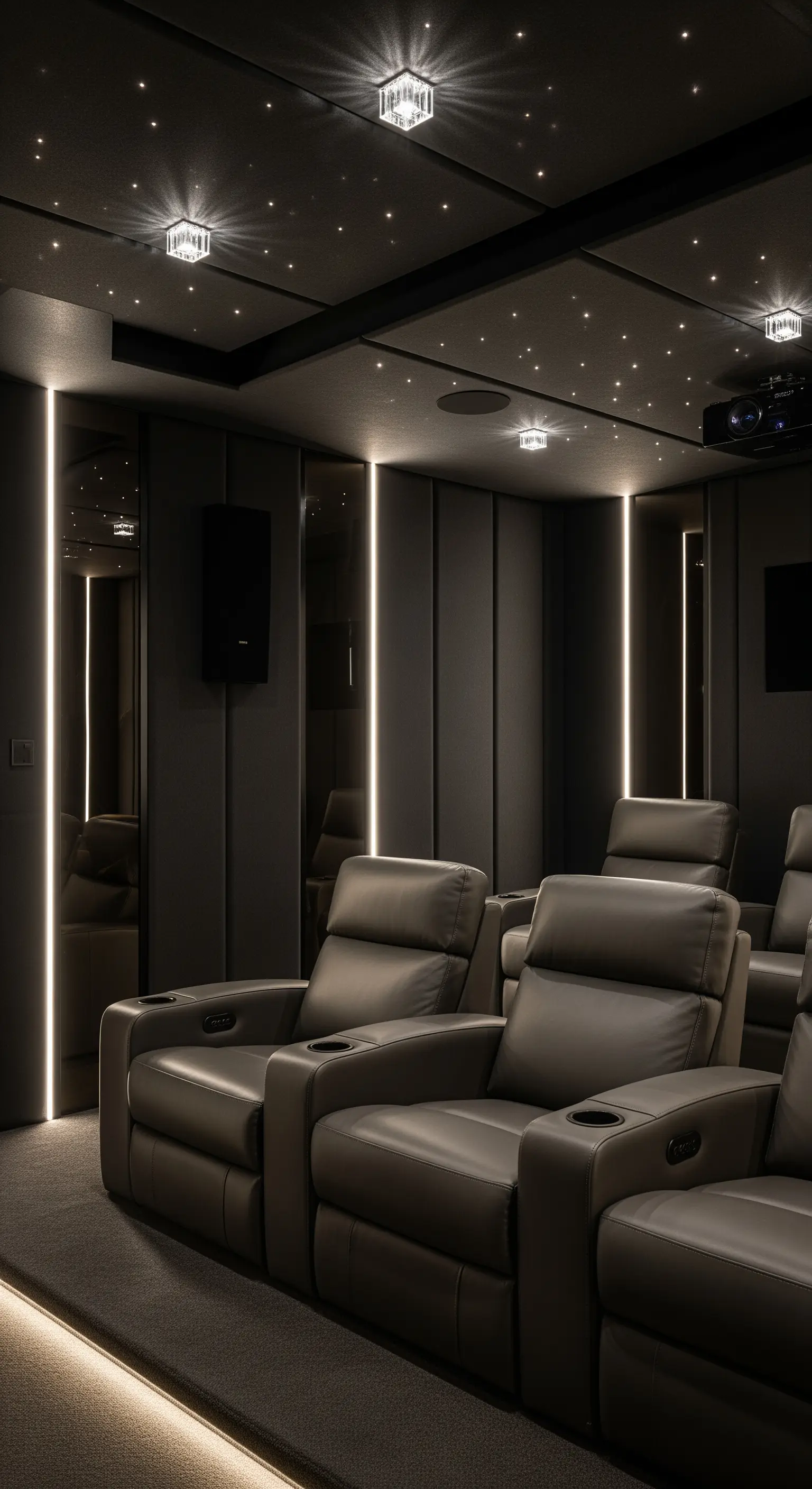 Heimkino mit dunklen Wänden, vertikalen Lichtstreifen und dezenten Rauchglasspiegeln.