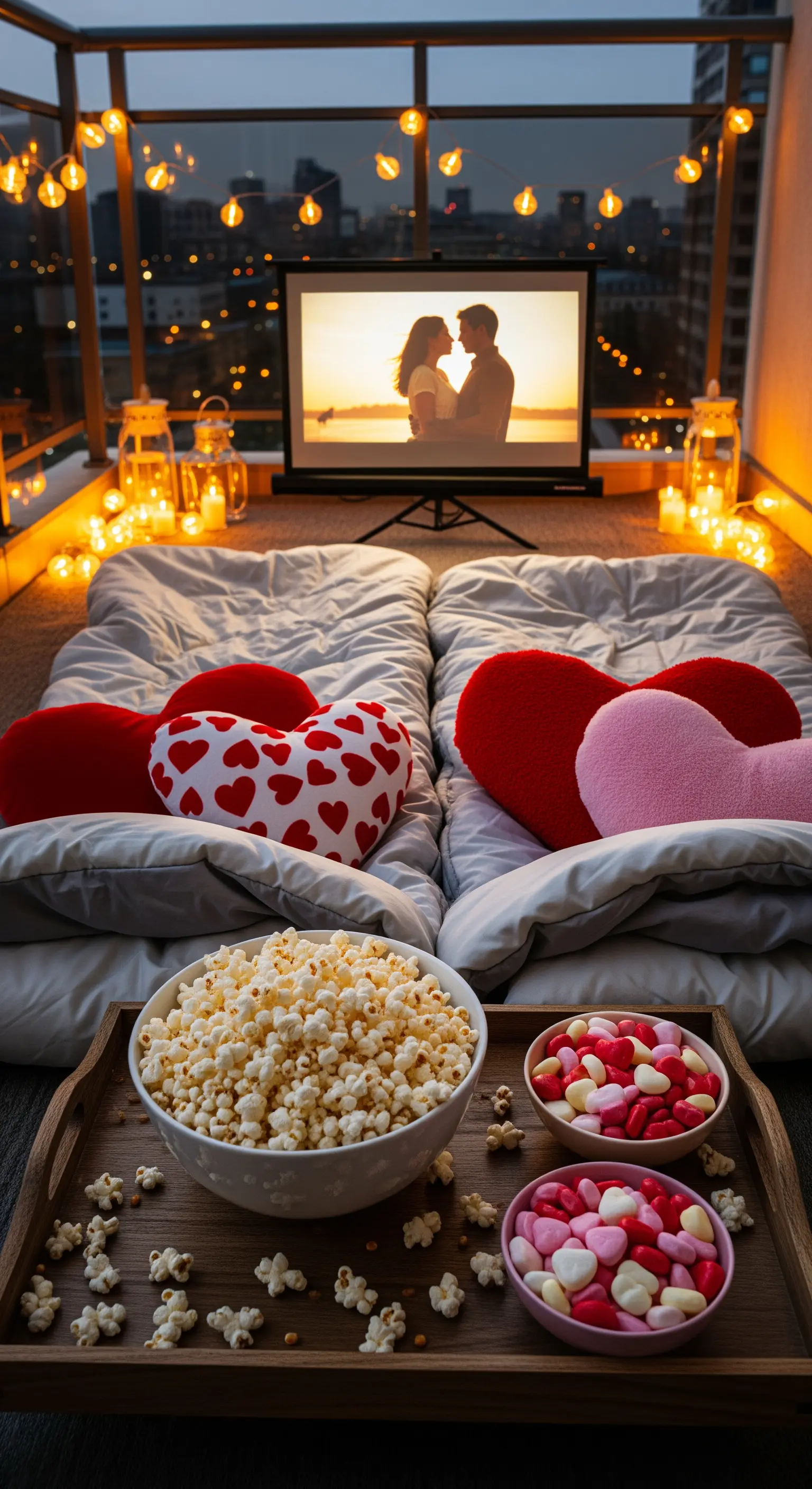Balkon-Kino mit Matratzen, Herzkissen, Beamer, Popcorn und Lichterketten.