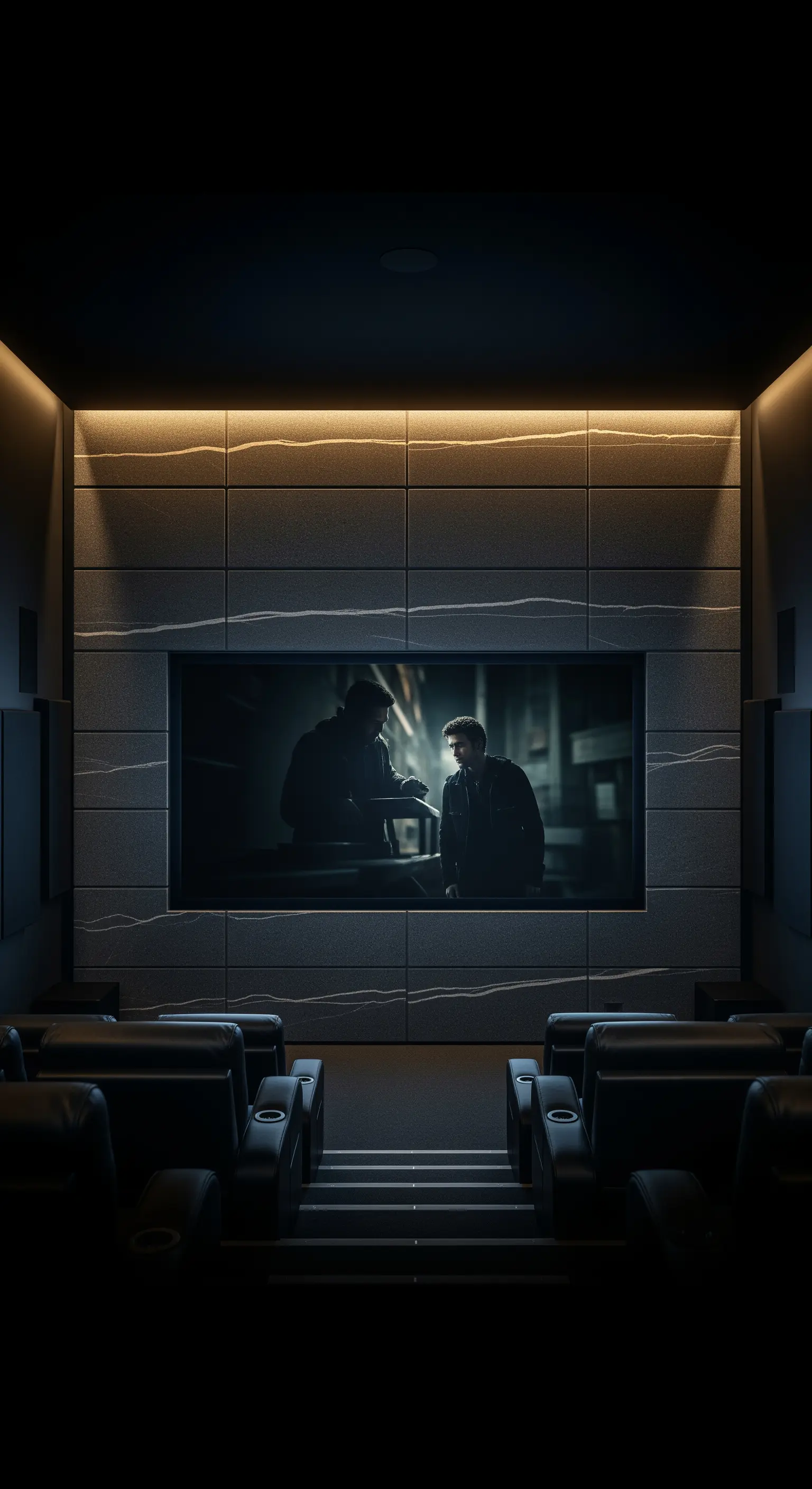 Heimkino mit dunkler, texturierter Steinwand hinter der Leinwand.