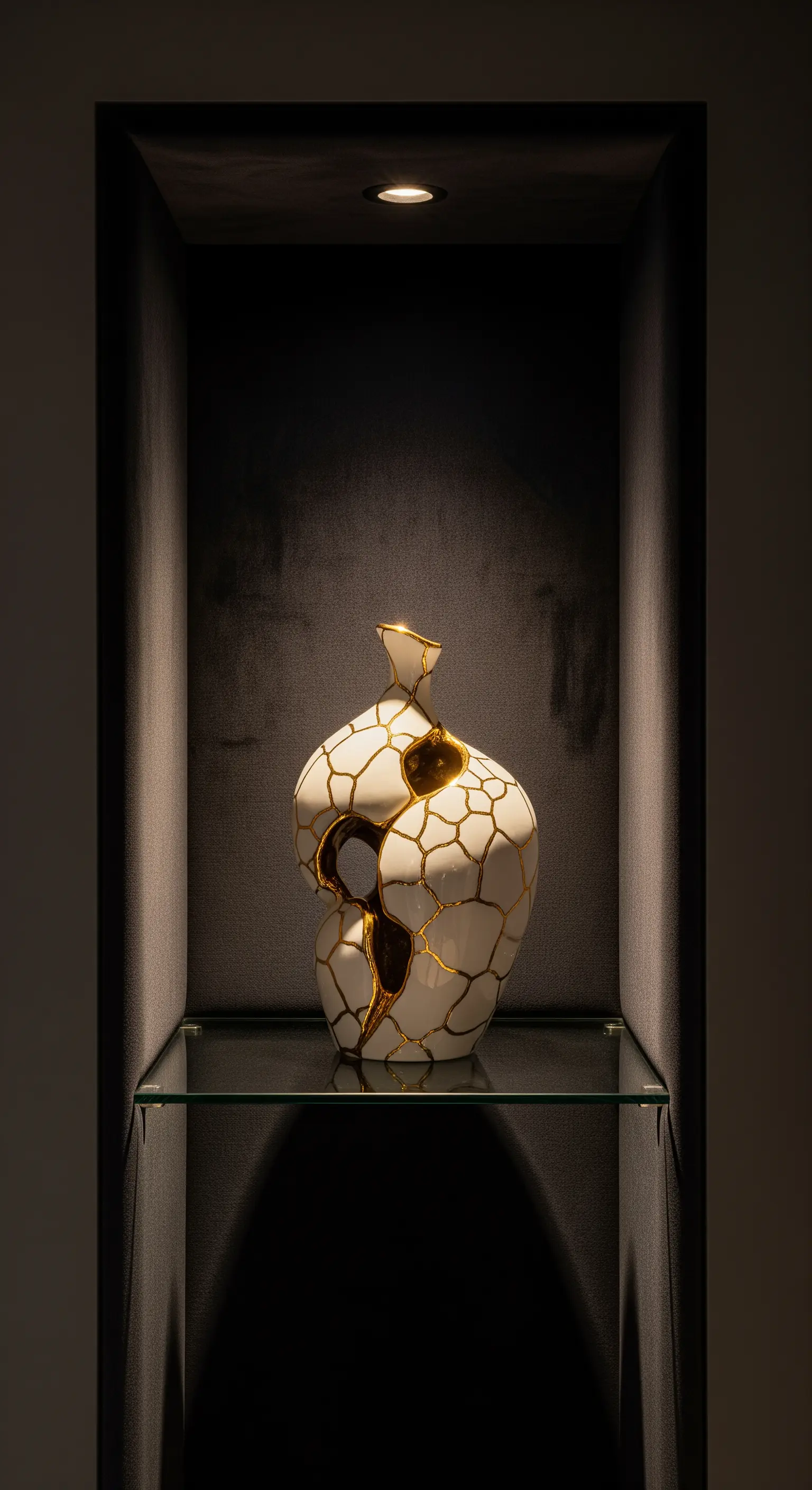 Weiße Kintsugi-Vase mit Goldakzenten in beleuchteter Wandnische.
