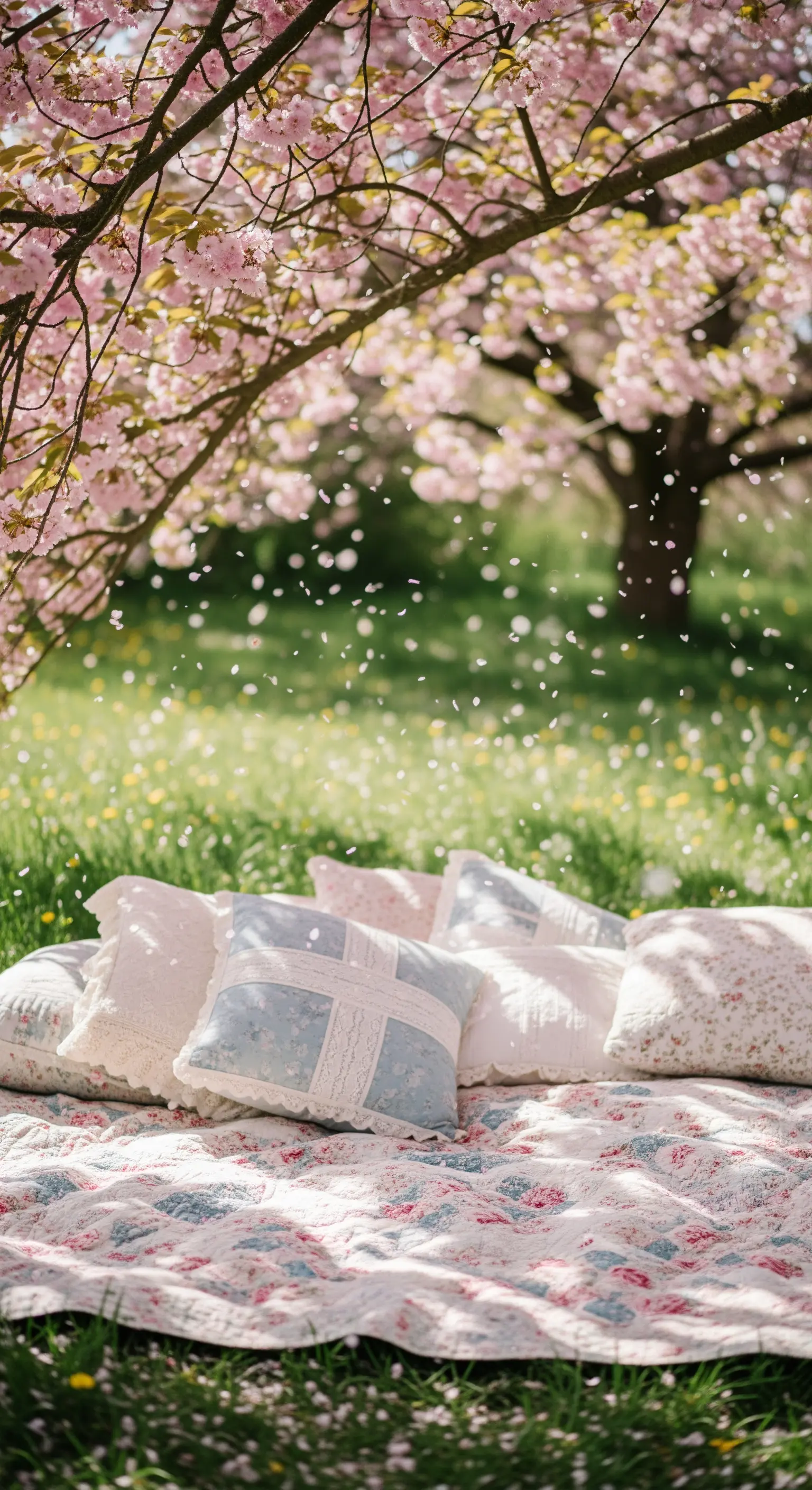 Picknickdecke mit Spitzenkissen unter blühendem Kirschbaum mit fallenden Blütenblättern