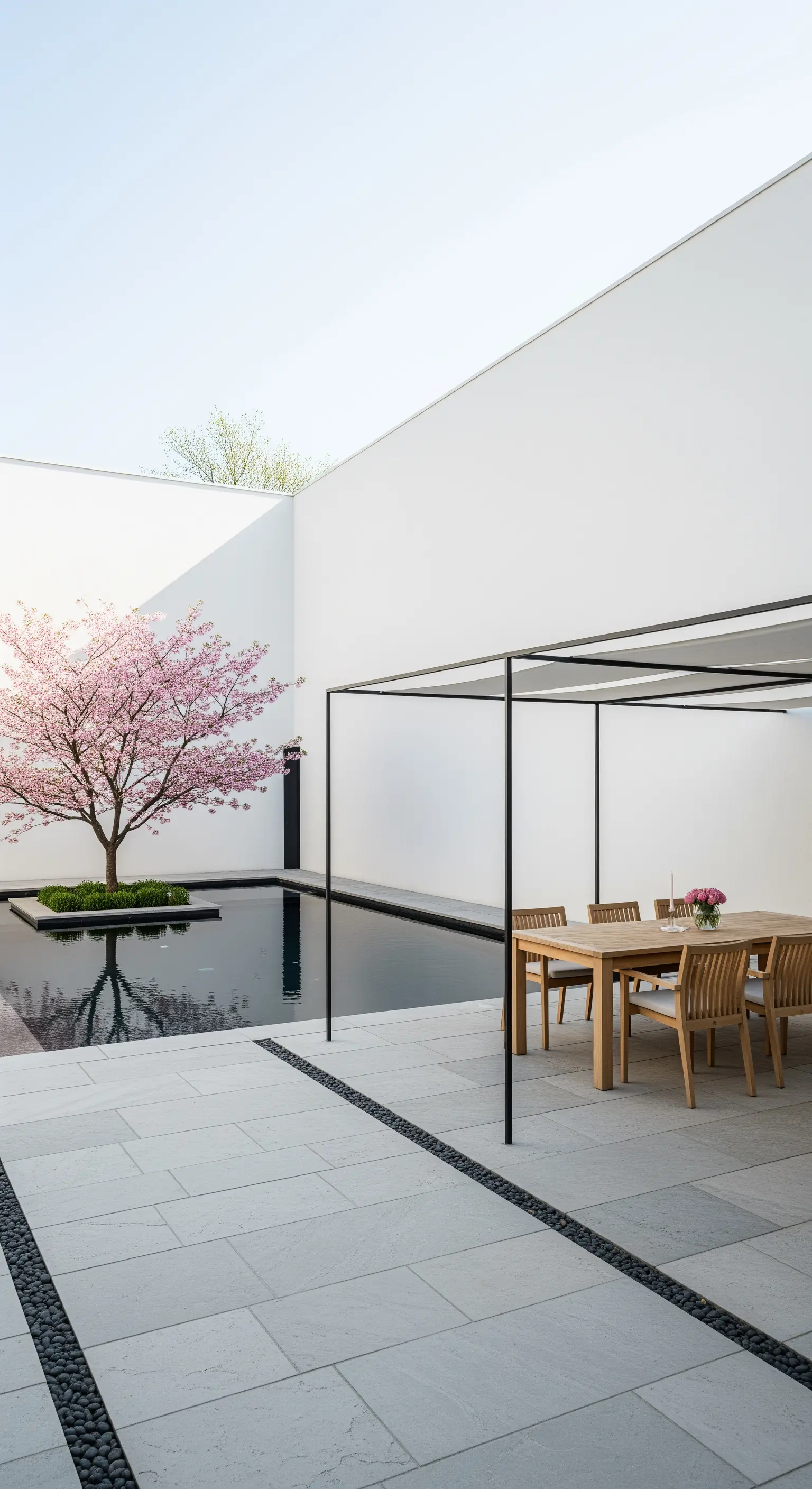 Innenhof, Kirschbaum, Wasserbecken, Esstisch, minimalistische Architektur