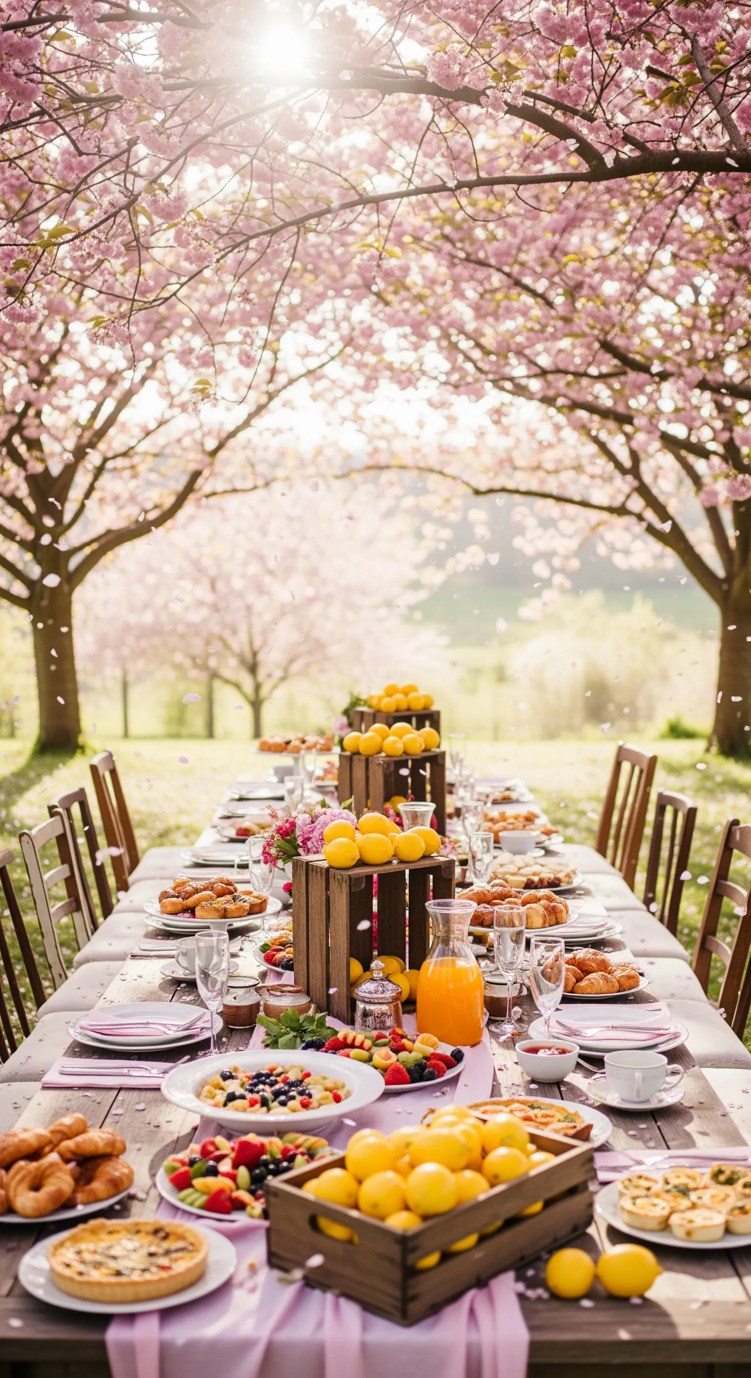Brunchtisch unter Kirschbäumen mit rosa Läufer, Zitronen in Holzkisten und Blumen