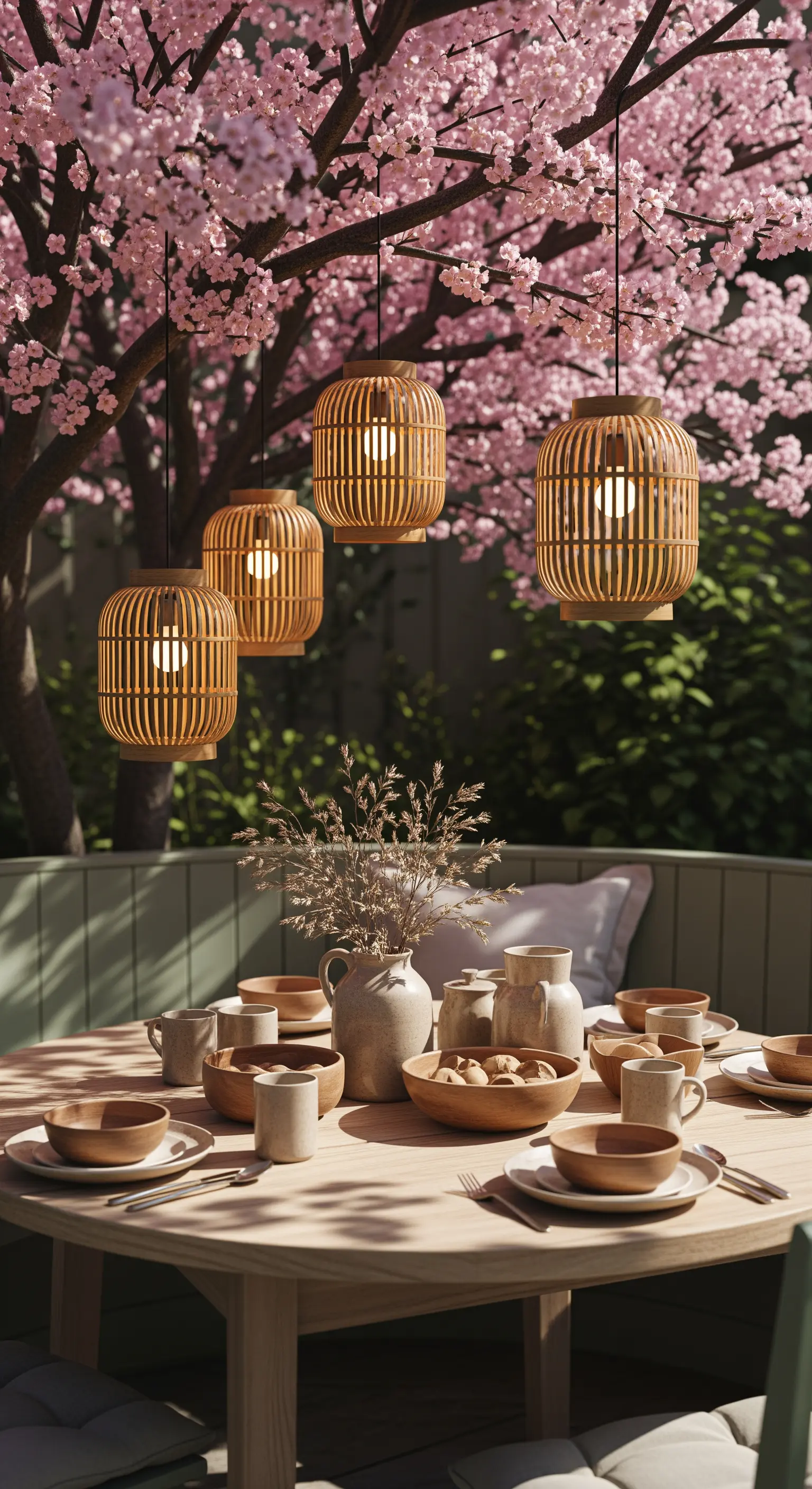 Esstisch unter Kirschblüten mit Bambus-Lampions und Keramikgeschirr