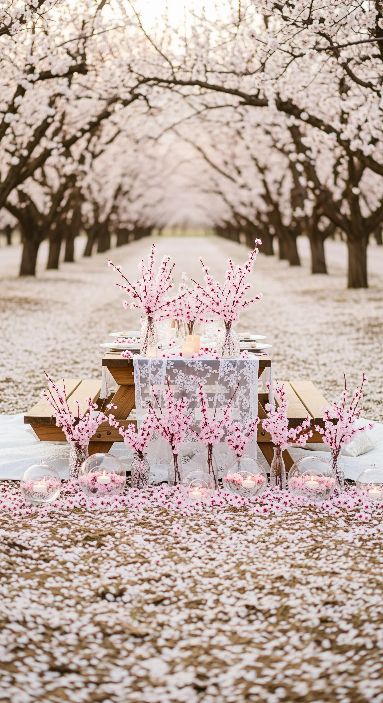 Picknicktisch unter Kirschblüten mit zarten Zweigen, Glasvasen und schwimmenden Kerzen.