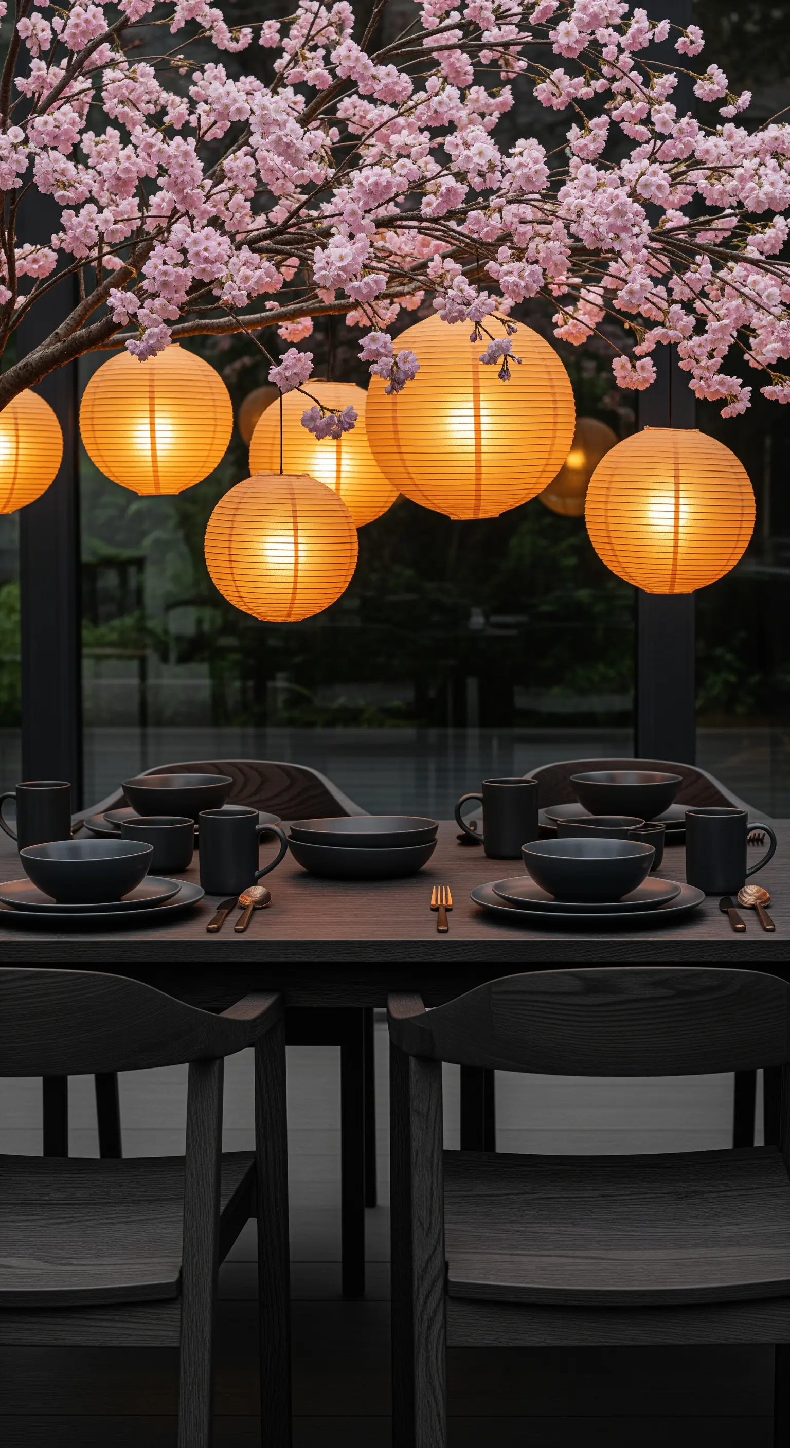 Kirschblüten, orange Papierlaternen, dunkler Esstisch