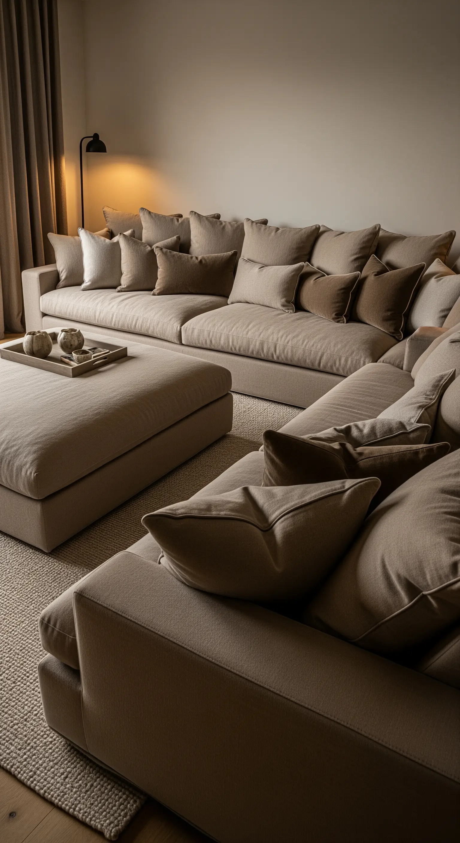 Große, tiefe Sofalandschaft in Beigetönen, üppig dekoriert mit vielen Kissen in abgestuften Erdtönen.