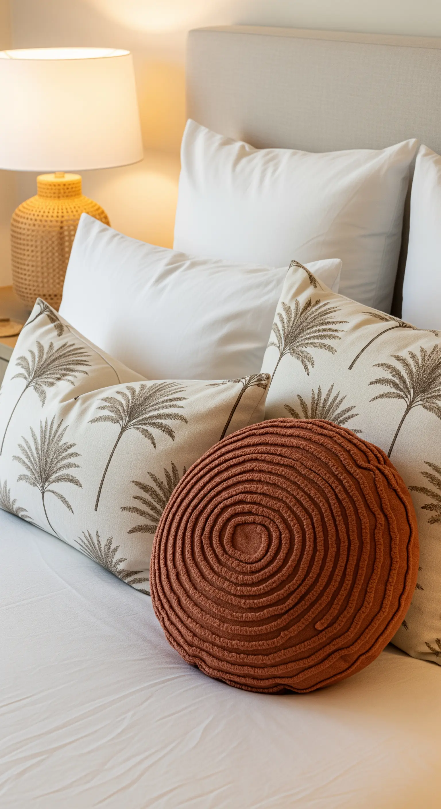 Bett-Styling mit Palmen-Kissen und rundem Terrakotta-Kissen