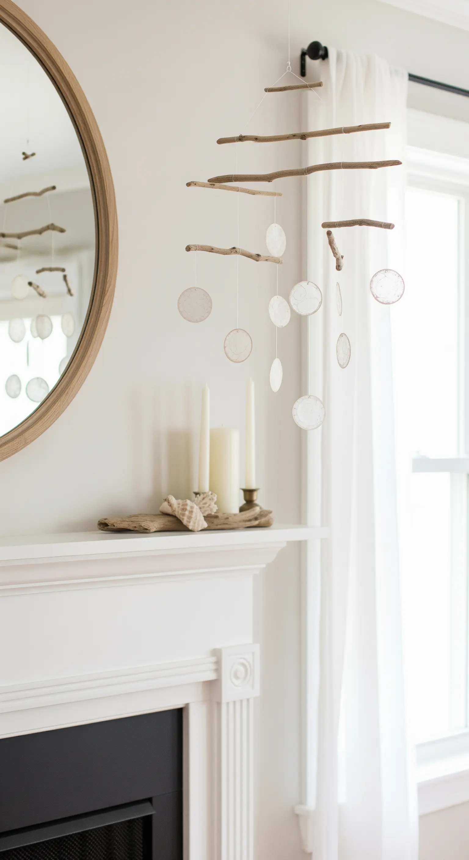 Zartes Mobile aus Treibholz und Muschelplättchen über einer Kaminumrandung.