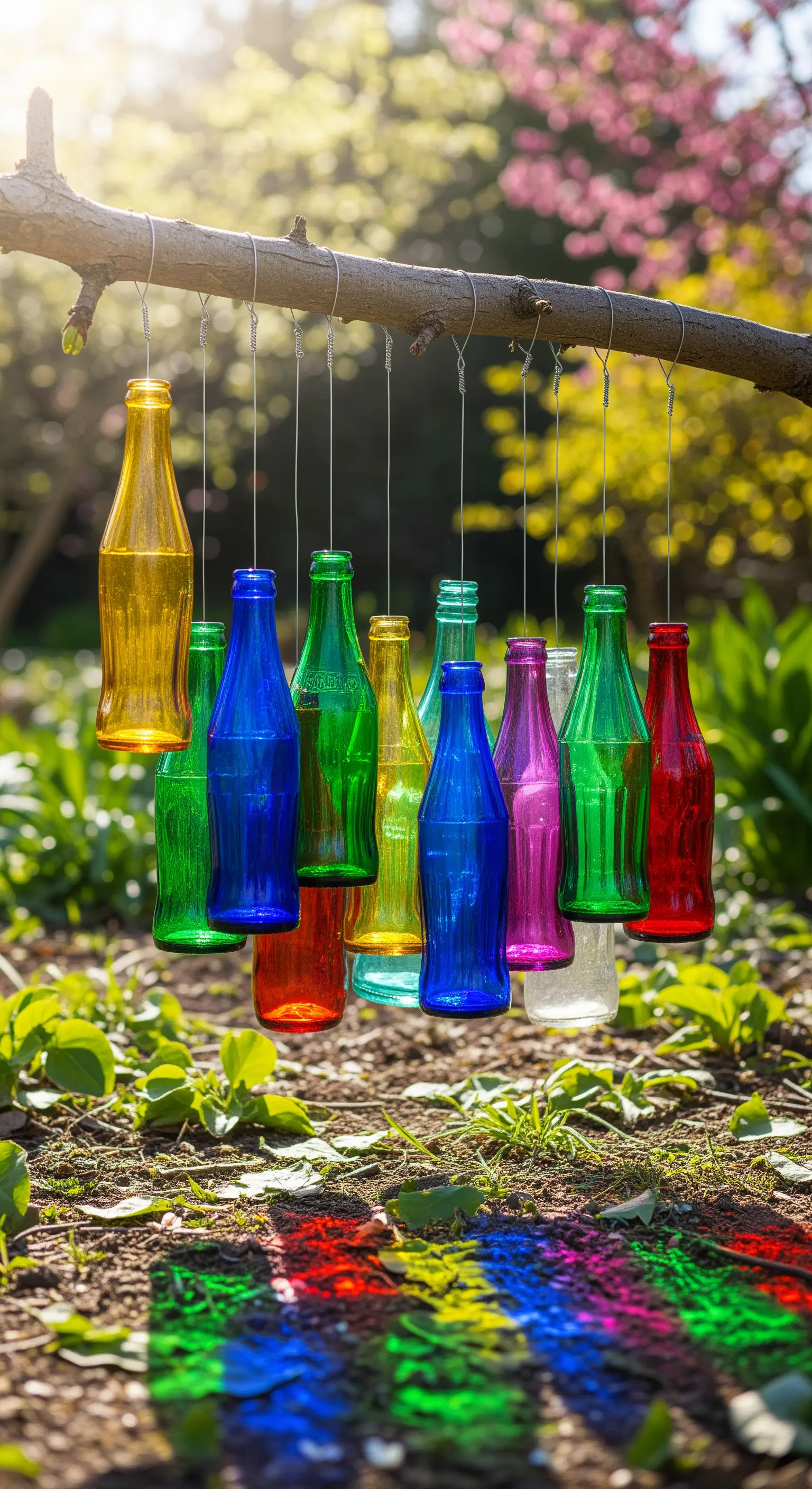 Buntes Windspiel aus Glasflaschen hängt an einem Ast, farbige Schatten auf dem Boden