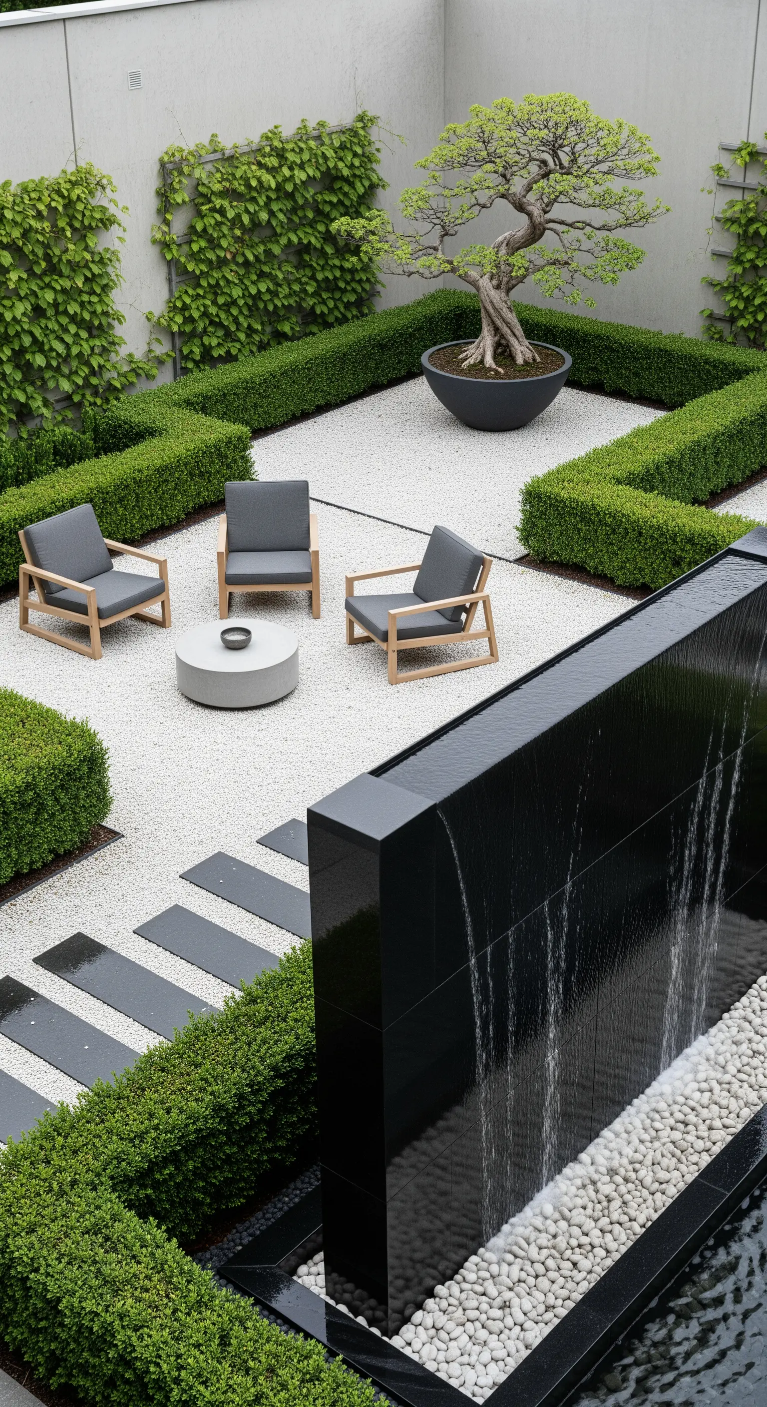 Minimalistischer Hof mit schwarzer Wasserwand, Bonsai und Kiesgarten