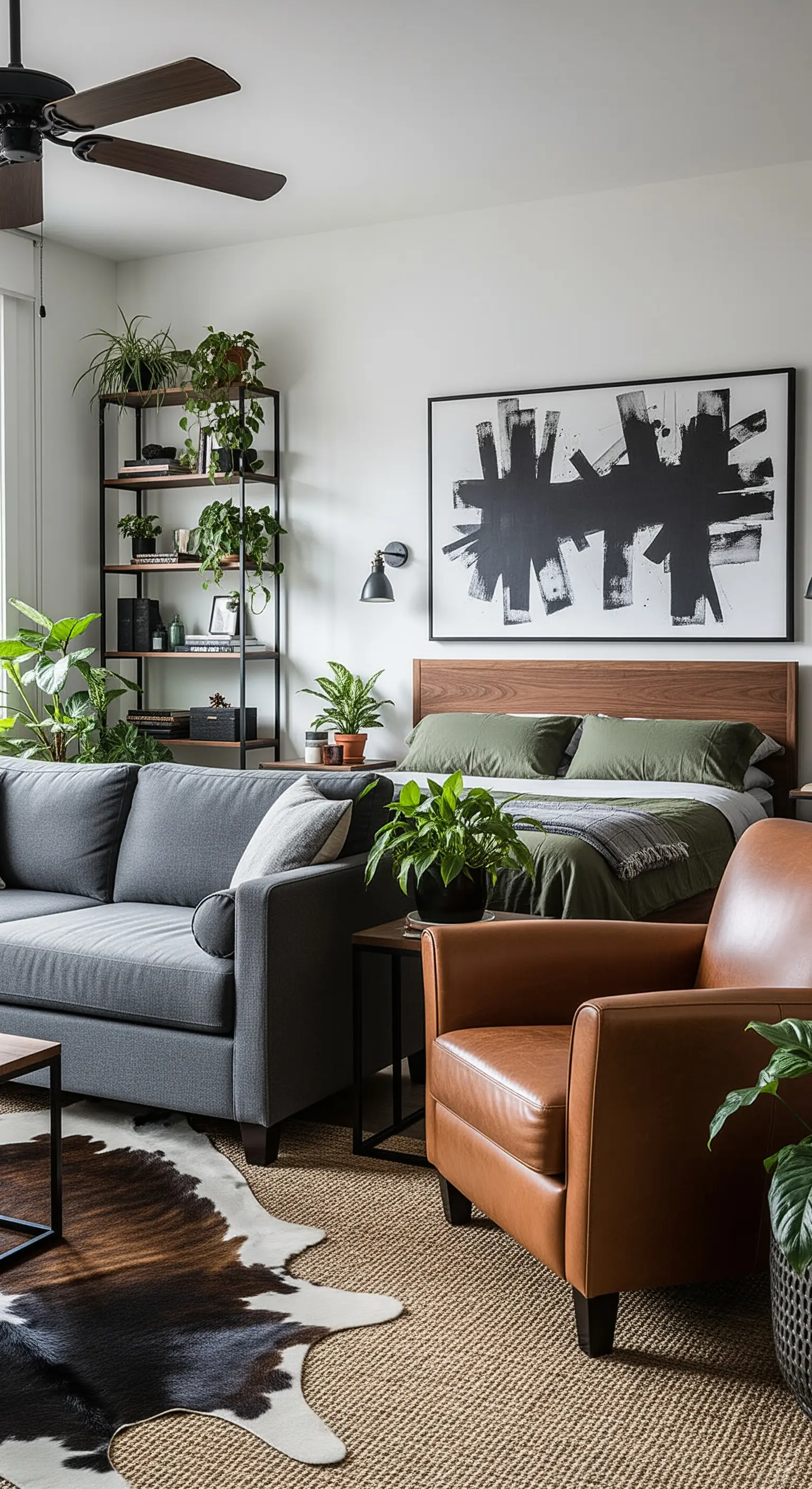 Modernes Boho-Studio mit grauem Sofa, Ledersessel und Kuhfell-Teppich.