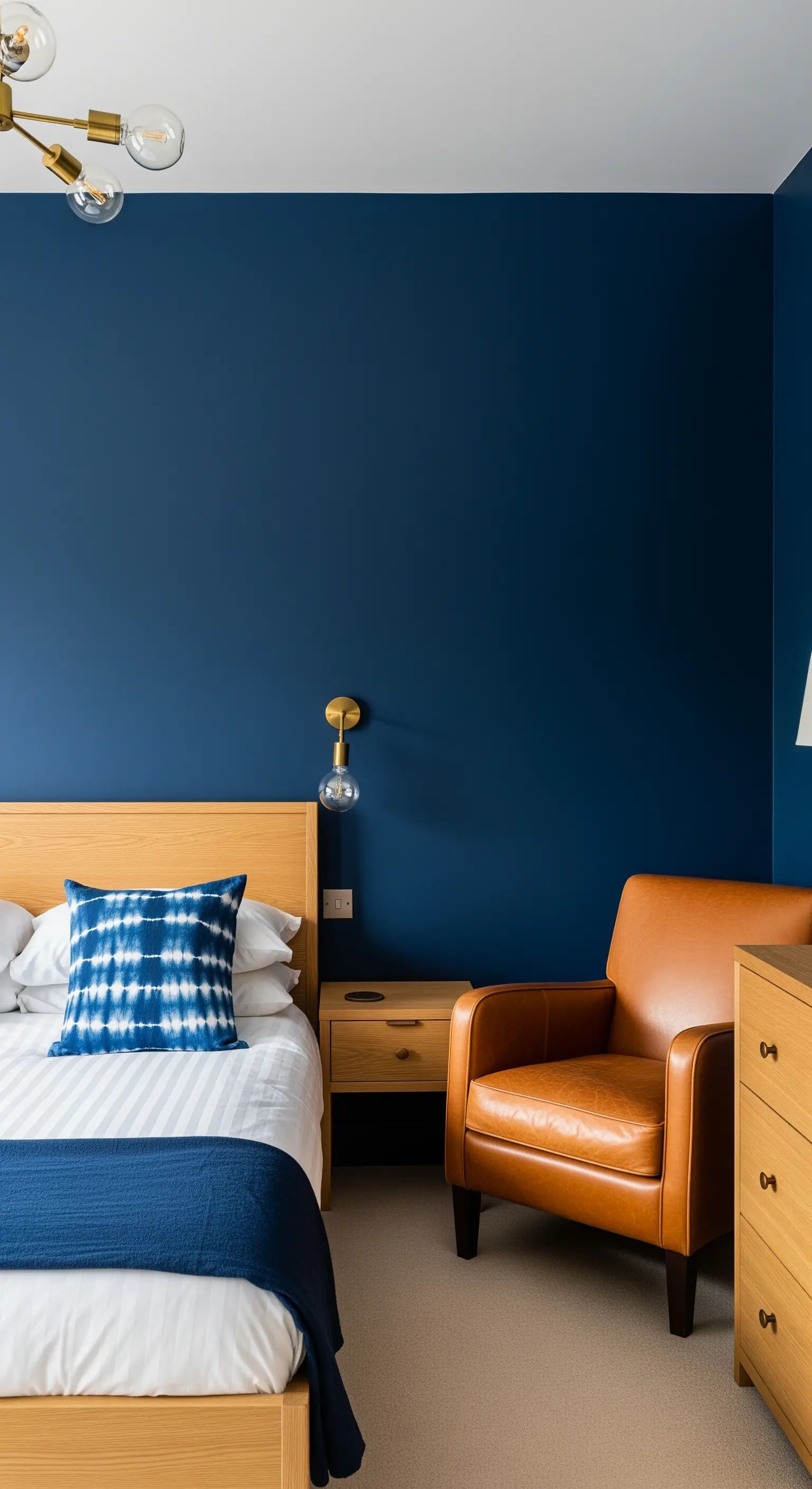 Modernes Schlafzimmer mit dunkelblauer Wand, hellem Holzbett und einem cognacfarbenen Ledersessel