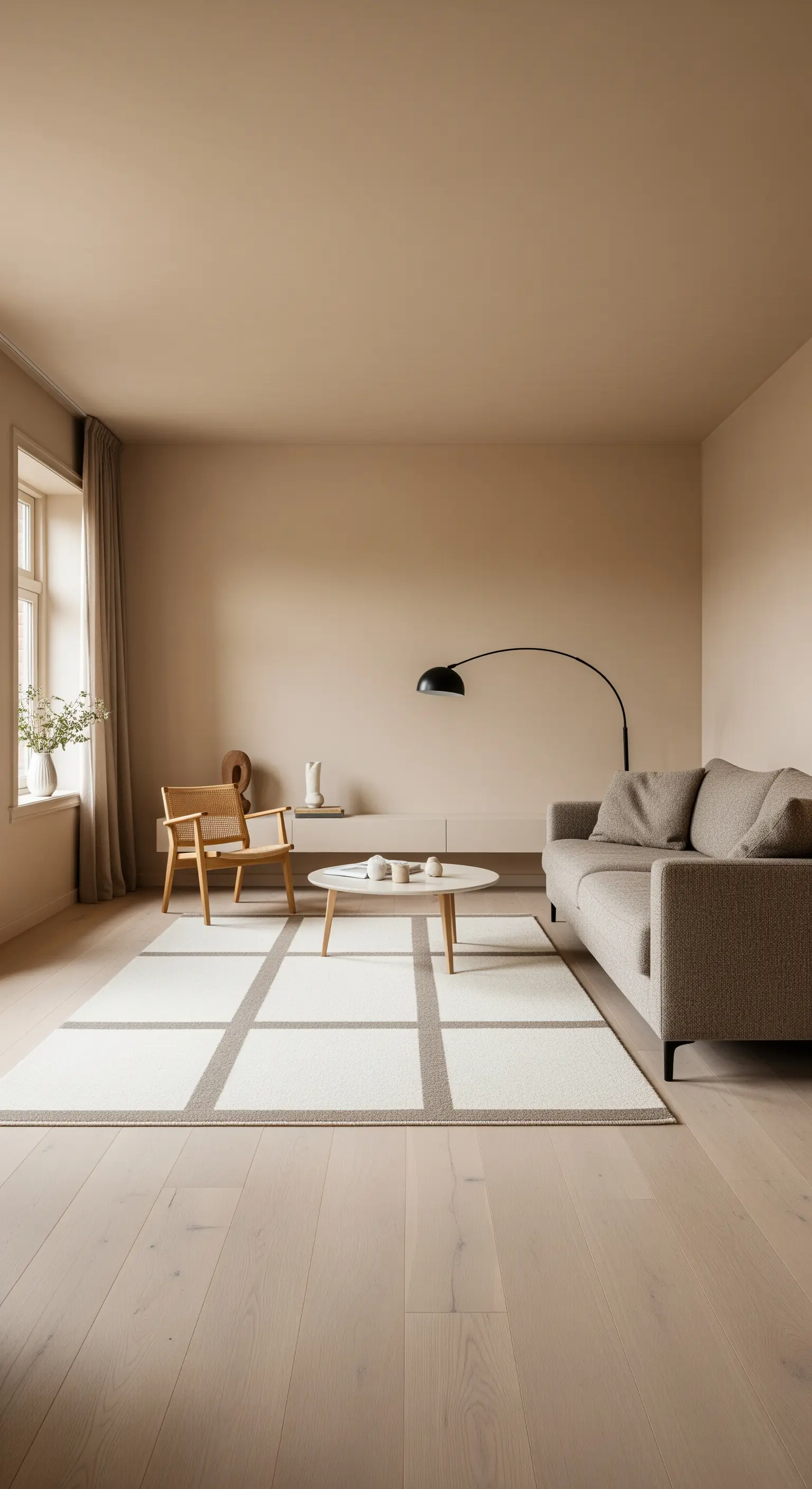Minimalistisches Wohnzimmer in Beigetönen mit einem cremefarbenen Teppich mit Gittermuster.
