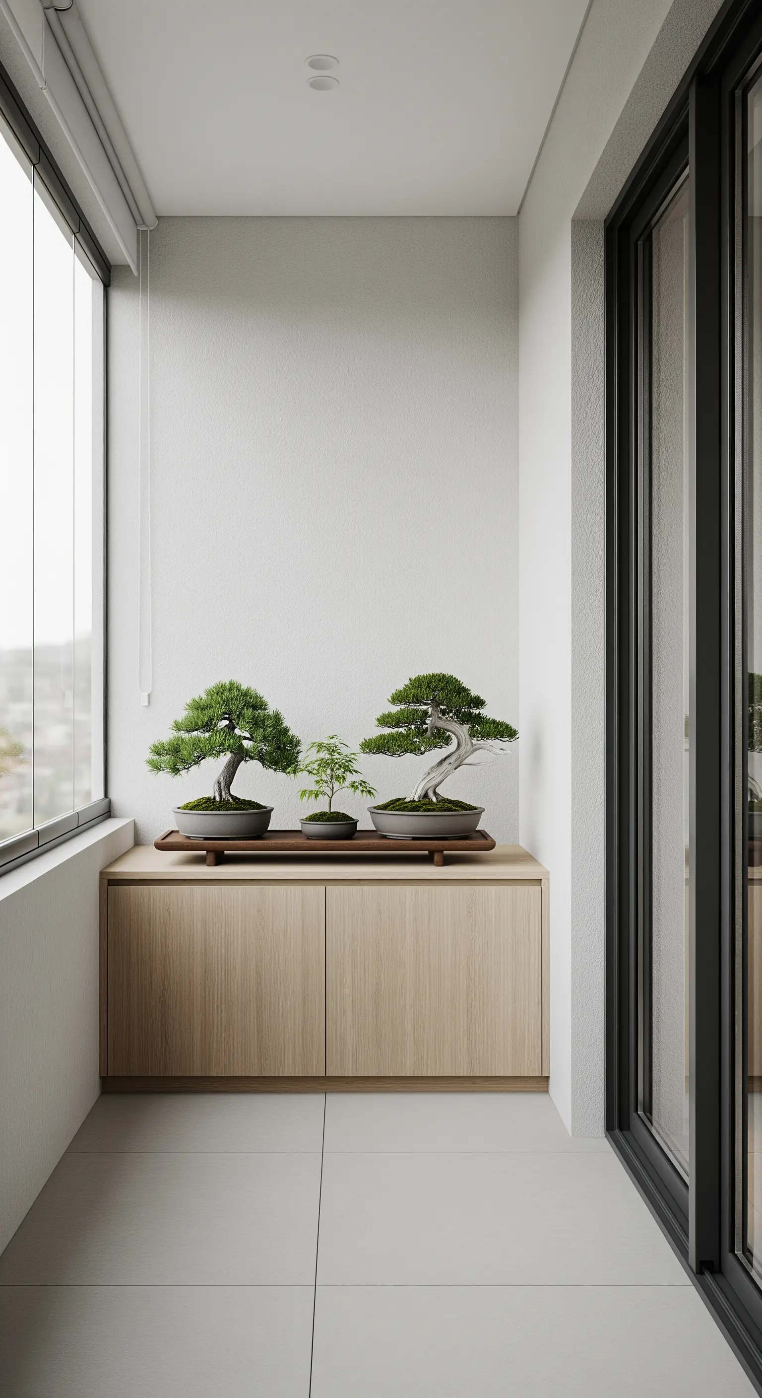 Drei Bonsais auf niedrigem Holzschrank im verglasten Balkon