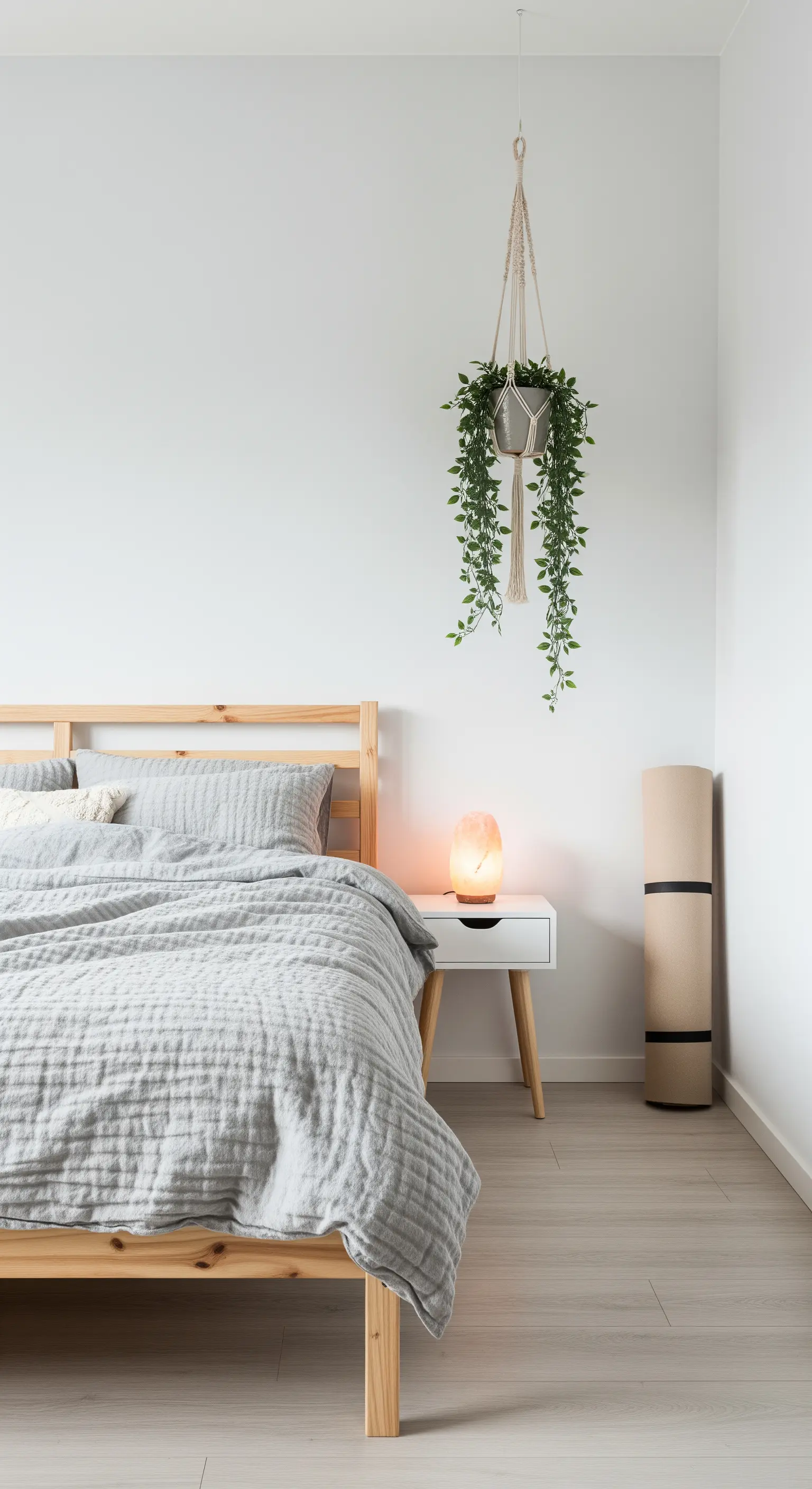 Minimalistisches Boho-Schlafzimmer mit Salzlampe, Hängepflanze und Holzbett.