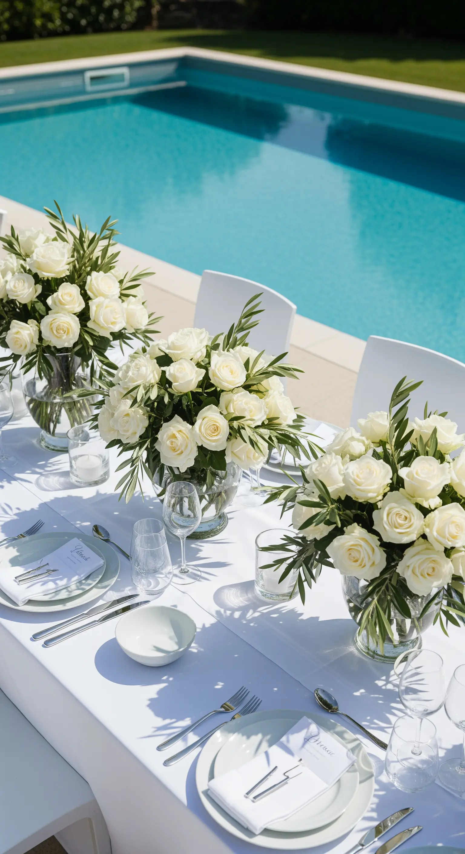 Weiße Tafel am Pool mit drei großen Glasvasen voller weißer Rosen