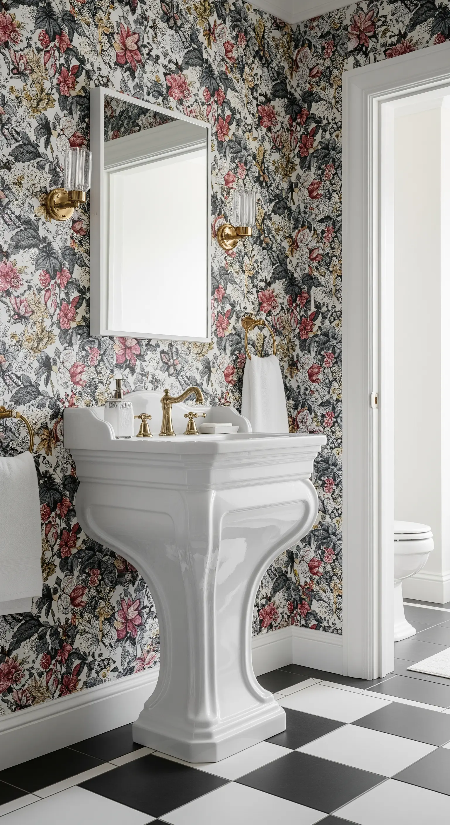 Klassisches Säulenwaschbecken aus weißem Porzellan vor einer bunten Blumentapete.