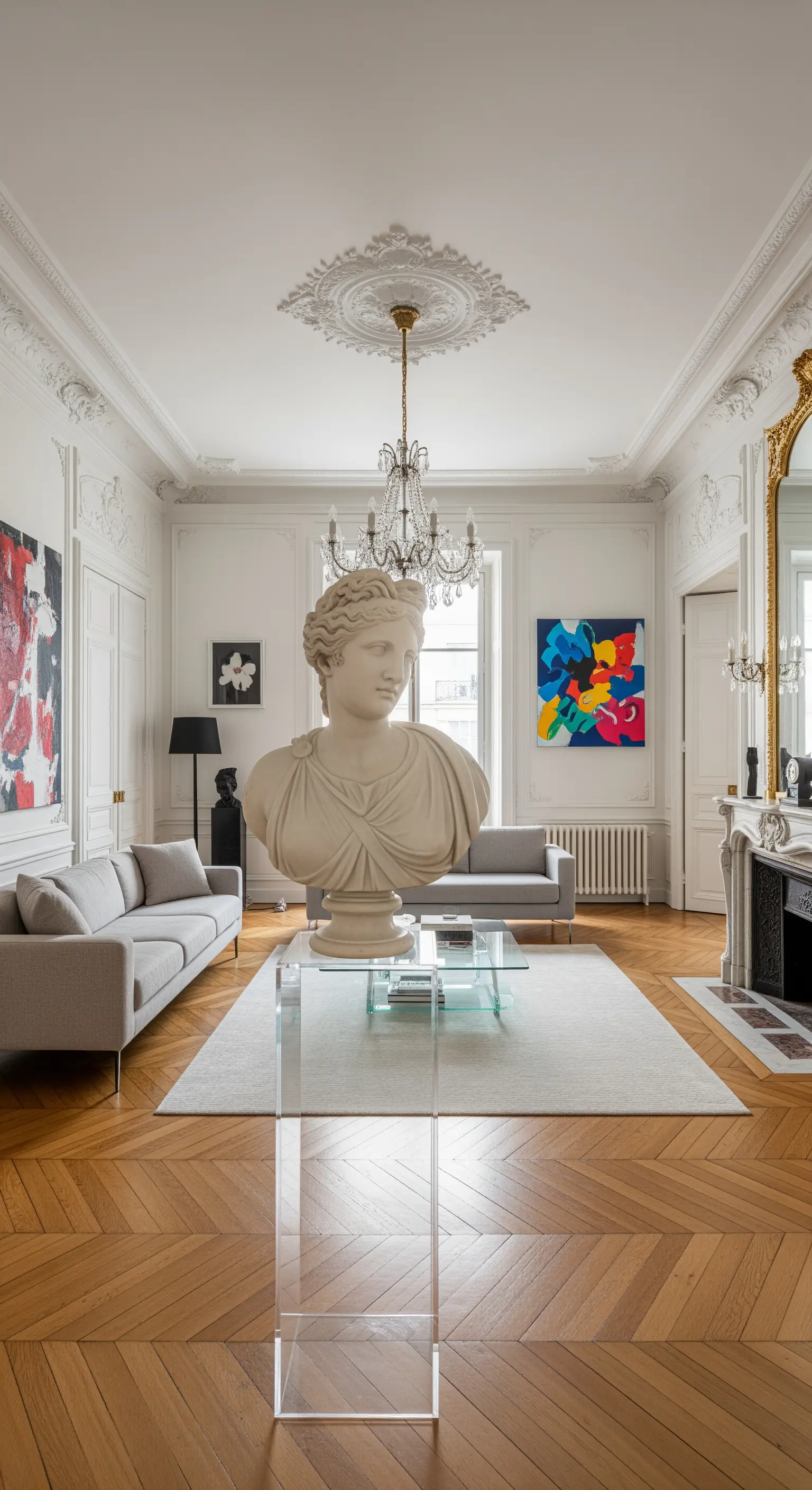 Klassische Büste auf einem modernen Glastisch in einem Pariser Altbau-Wohnzimmer mit Pop-Art.