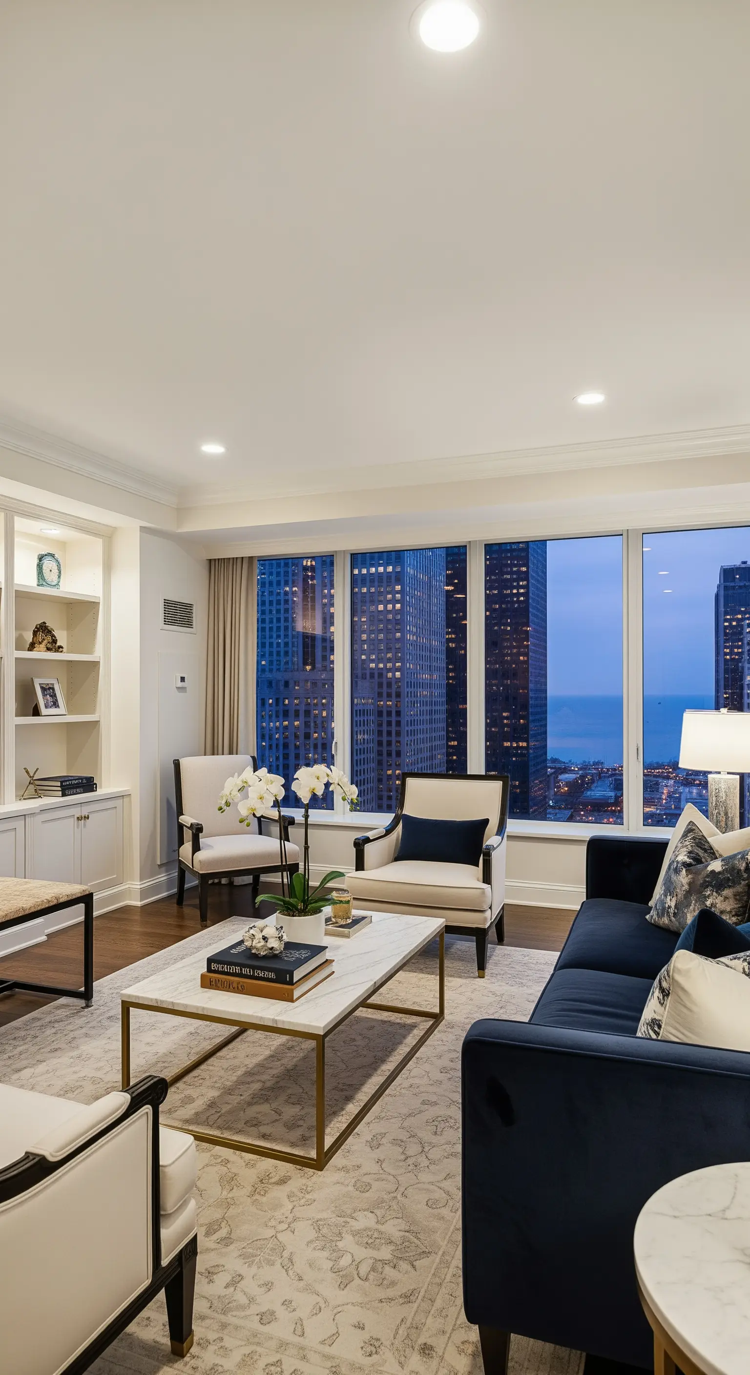 Elegantes Apartment-Wohnzimmer mit dunkelblauem Samtsofa, hellen Sesseln und Blick auf eine nächtliche Stadt.