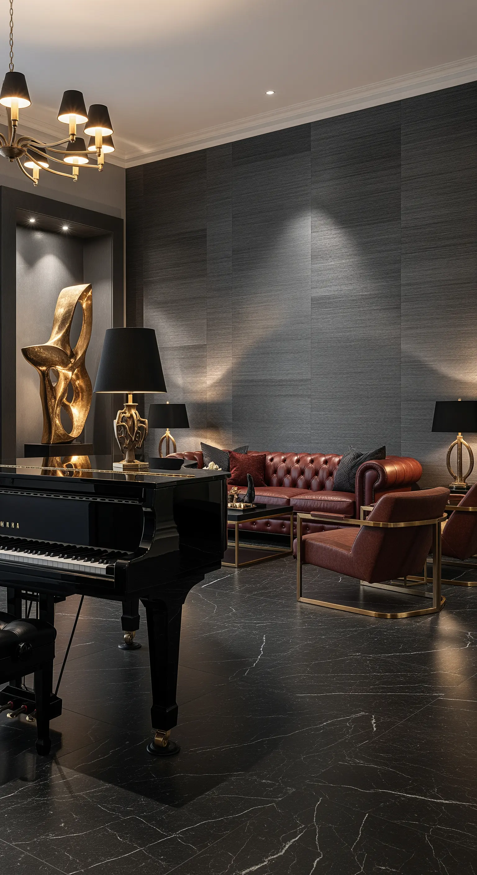 Cognacfarbenes Ledersofa als warmer Kontrast zu schwarzem Marmorboden.