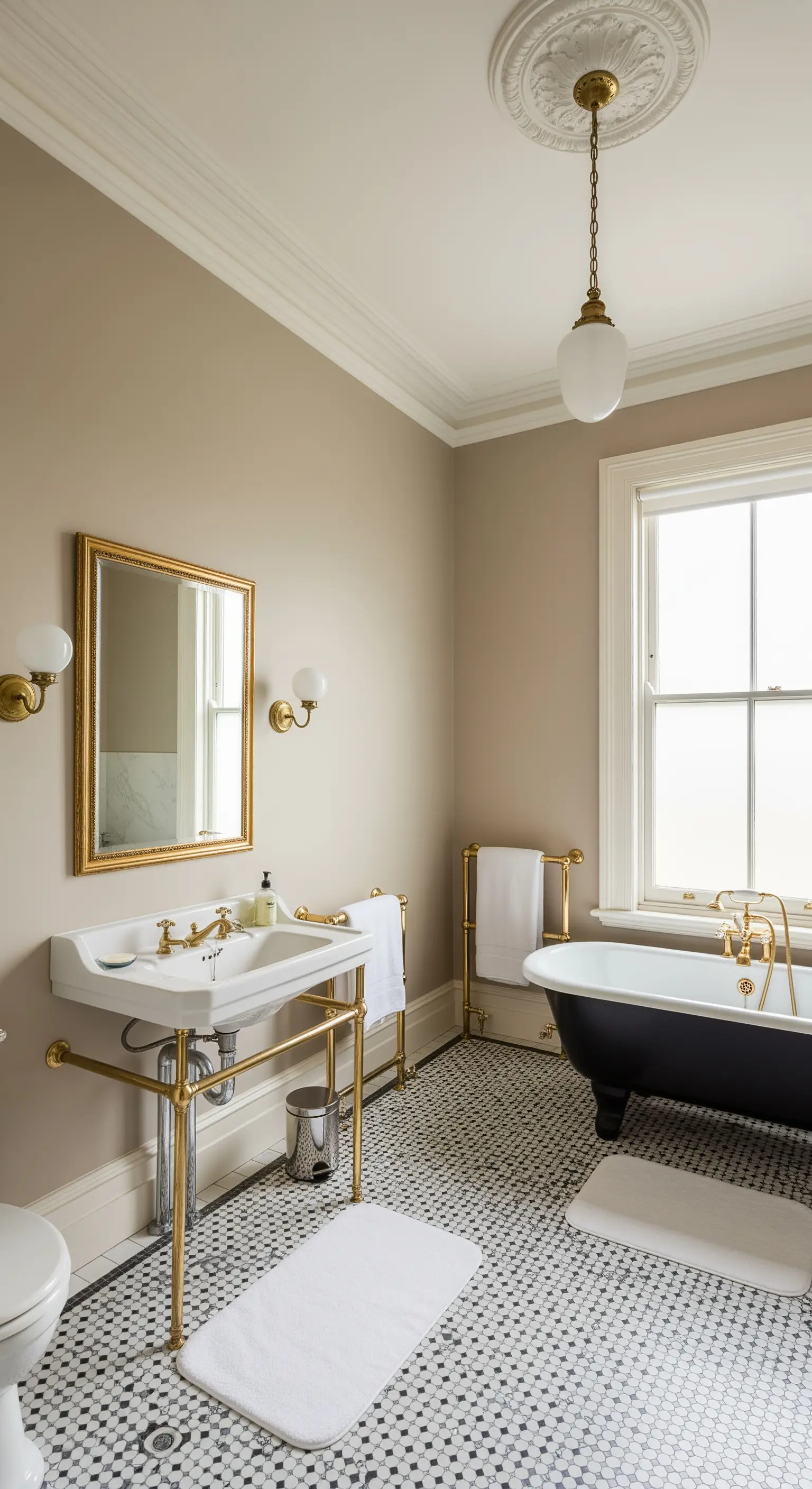 Klassisches Badezimmer mit schwarz-weißem Mosaikboden, goldenen Armaturen und beigefarbenen Wänden.