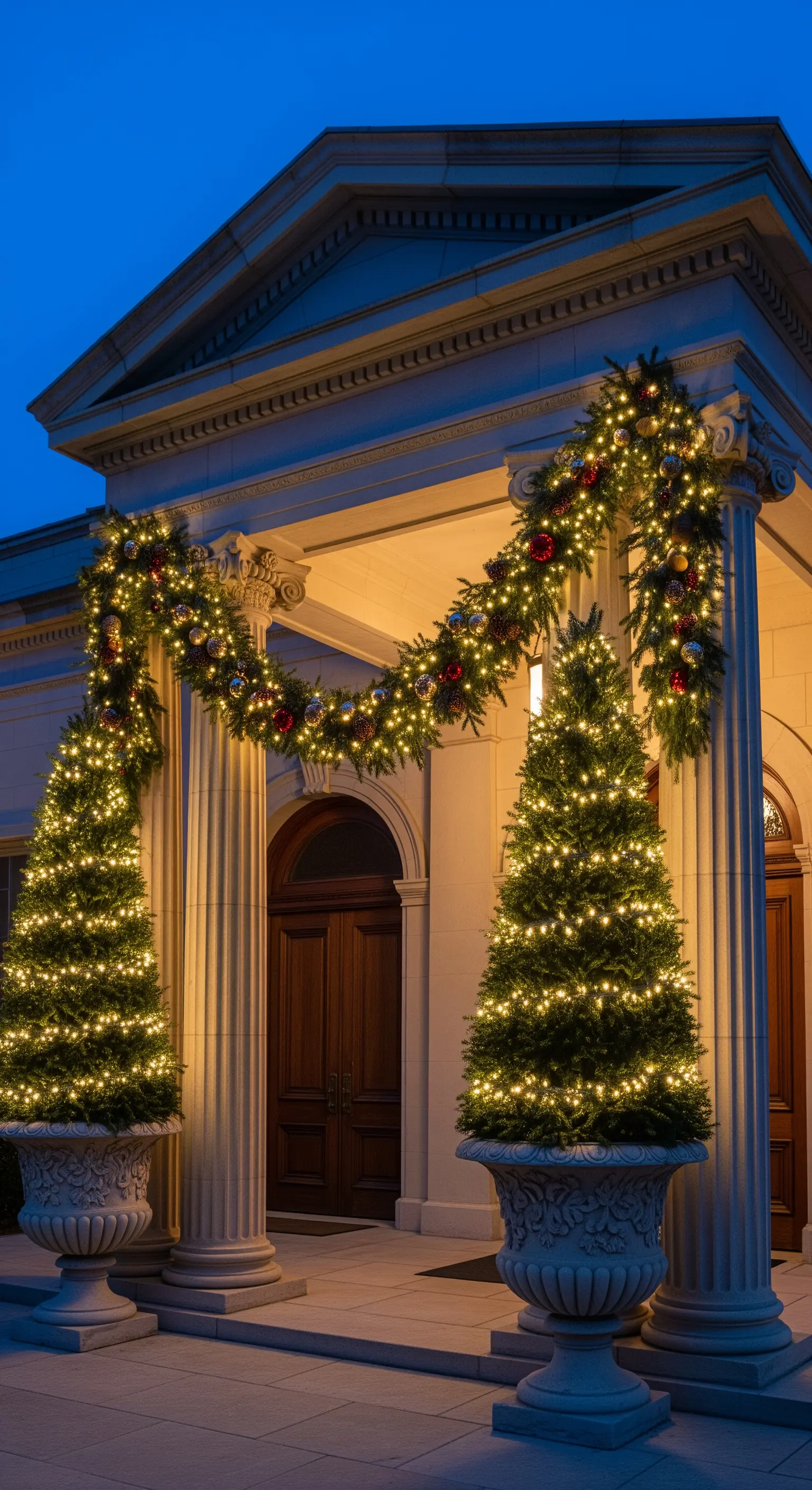 Säuleneingang mit opulenten Tannengirlanden, Lichterketten und festlich beleuchteten Bäumen.