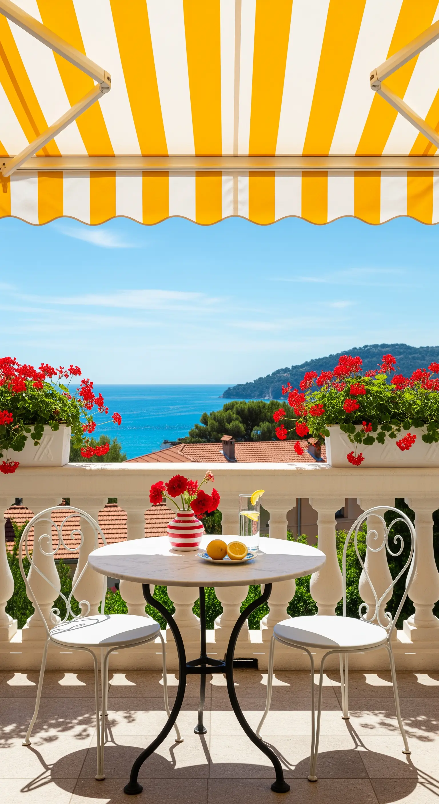 Mediterraner Balkon mit gelb-weiß gestreifter Markise, roten Geranien und Bistrotisch