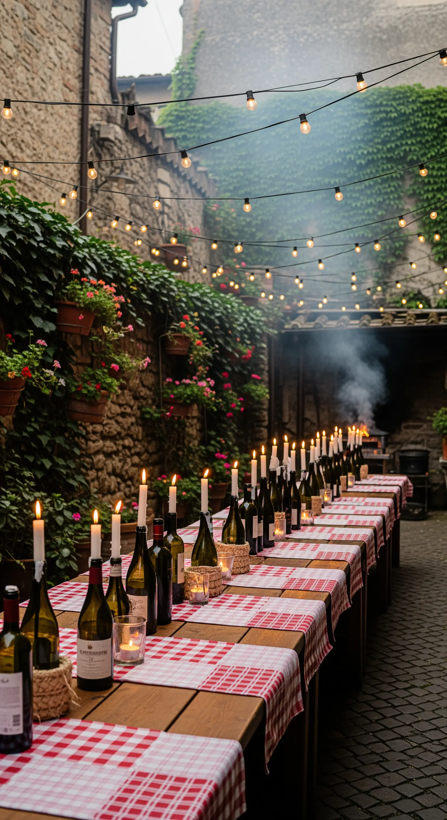 Lange Tische mit rot-weiß karierten Tischdecken, Weinflaschen als Kerzenhalter und Lichterketten.