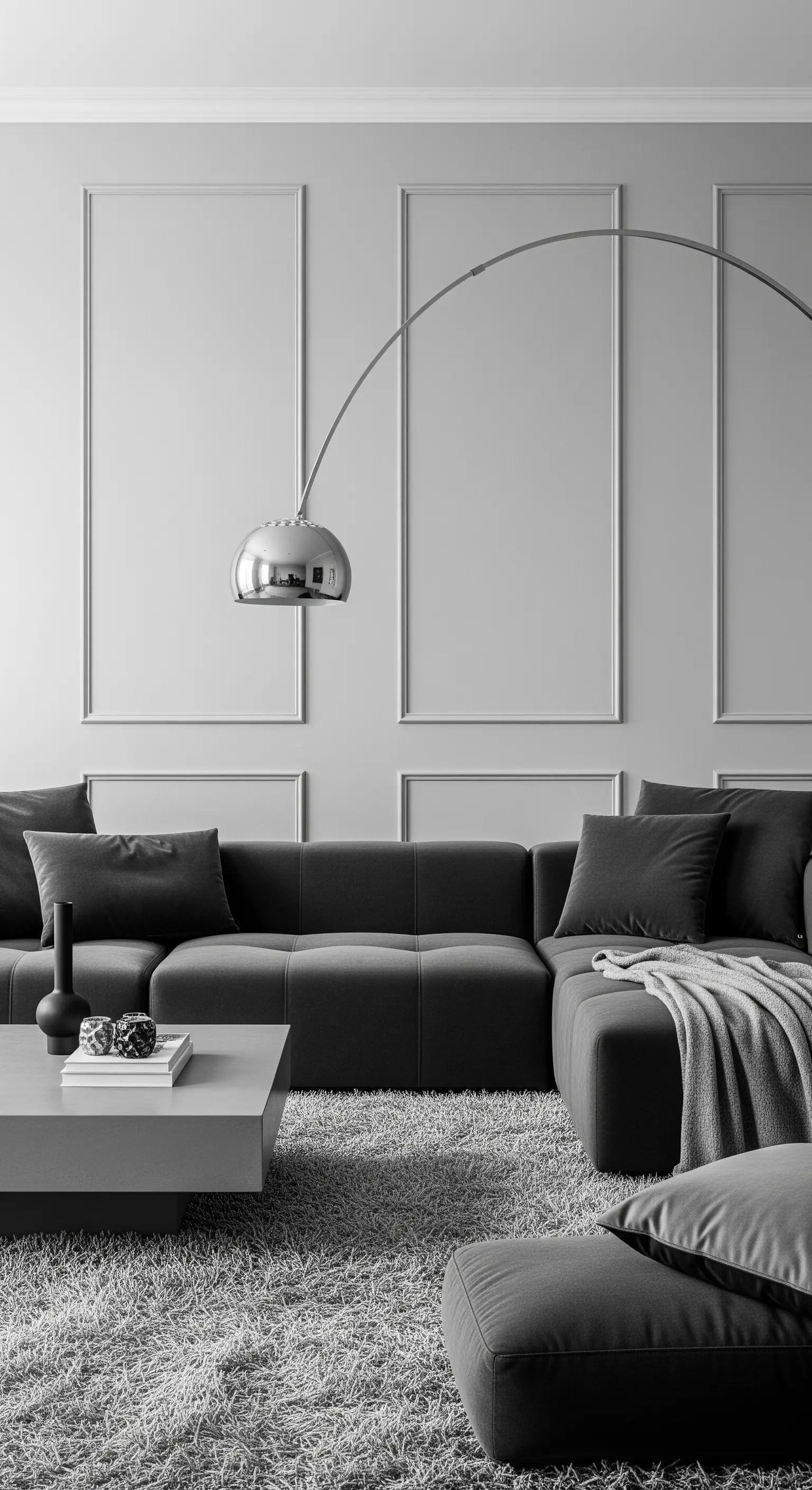 Graues Wohnzimmer mit klassischen Wandleisten und einer großen, modernen Bogenlampe aus Chrom.