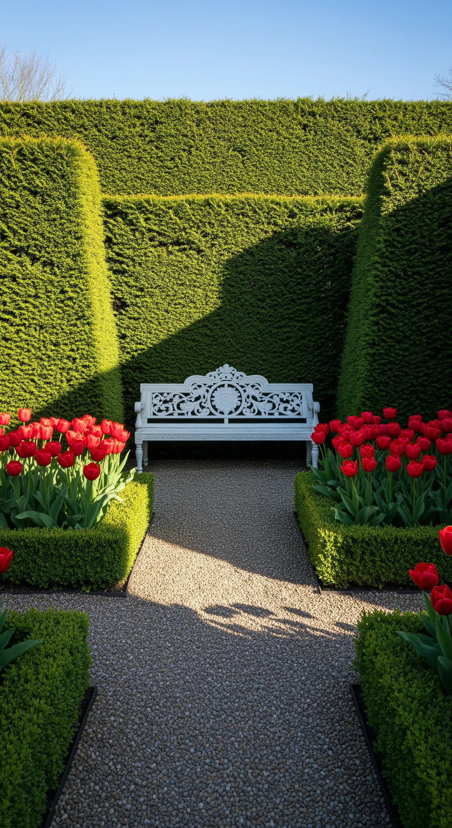 Weiße Zierbank vor grüner Hecke, umgeben von roten Tulpen und Buchsbaum