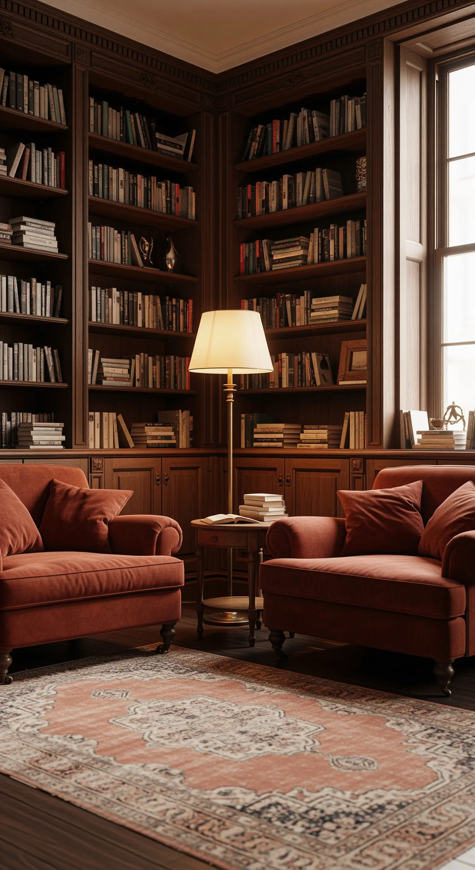 Klassische Bibliothek mit dunklen Holzregalen, rostbraunen Sesseln und Teppich
