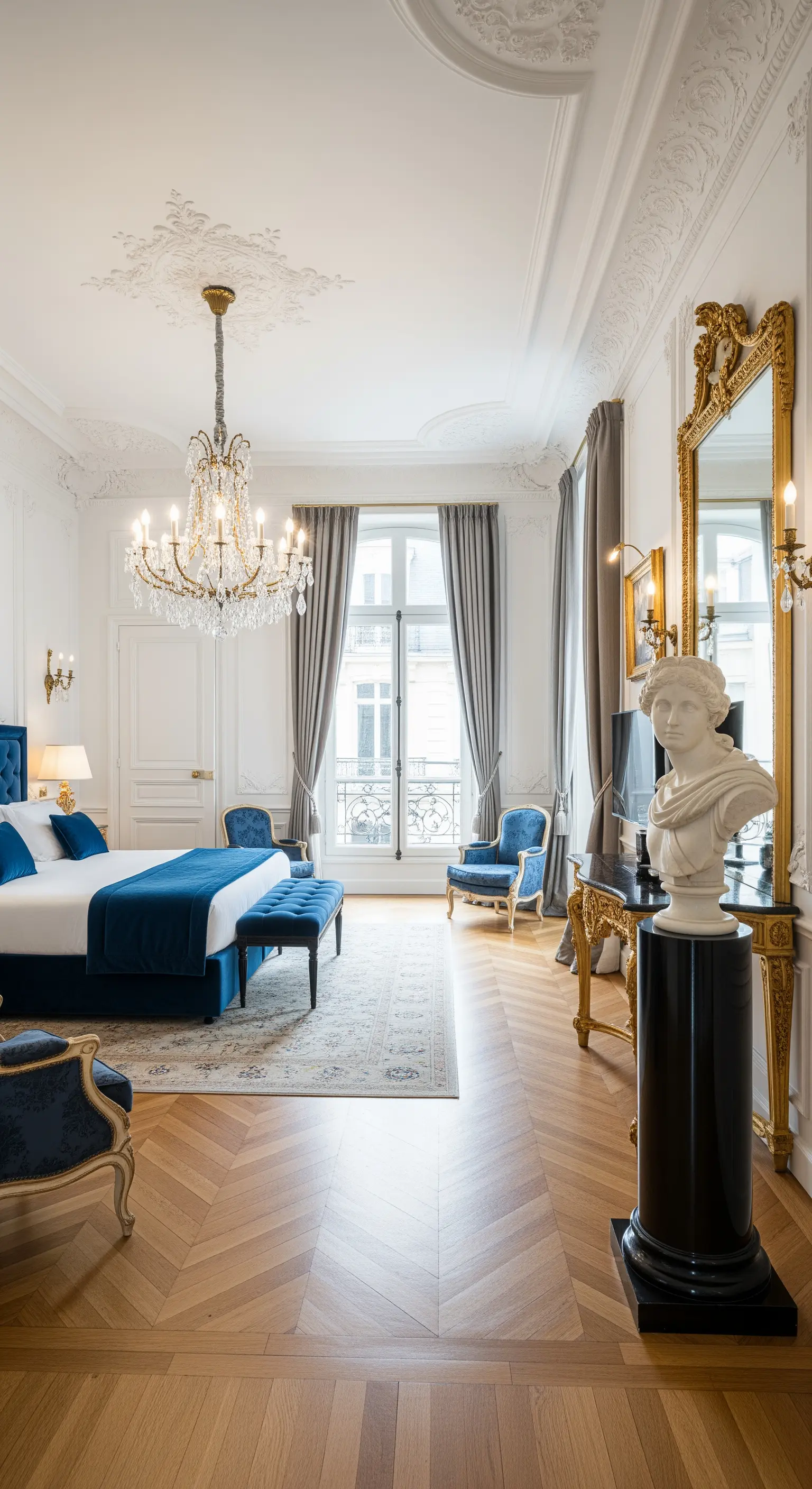 Klassische Marmorbüste auf einem schwarzen Sockel in einem luxuriösen Pariser Schlafzimmer.