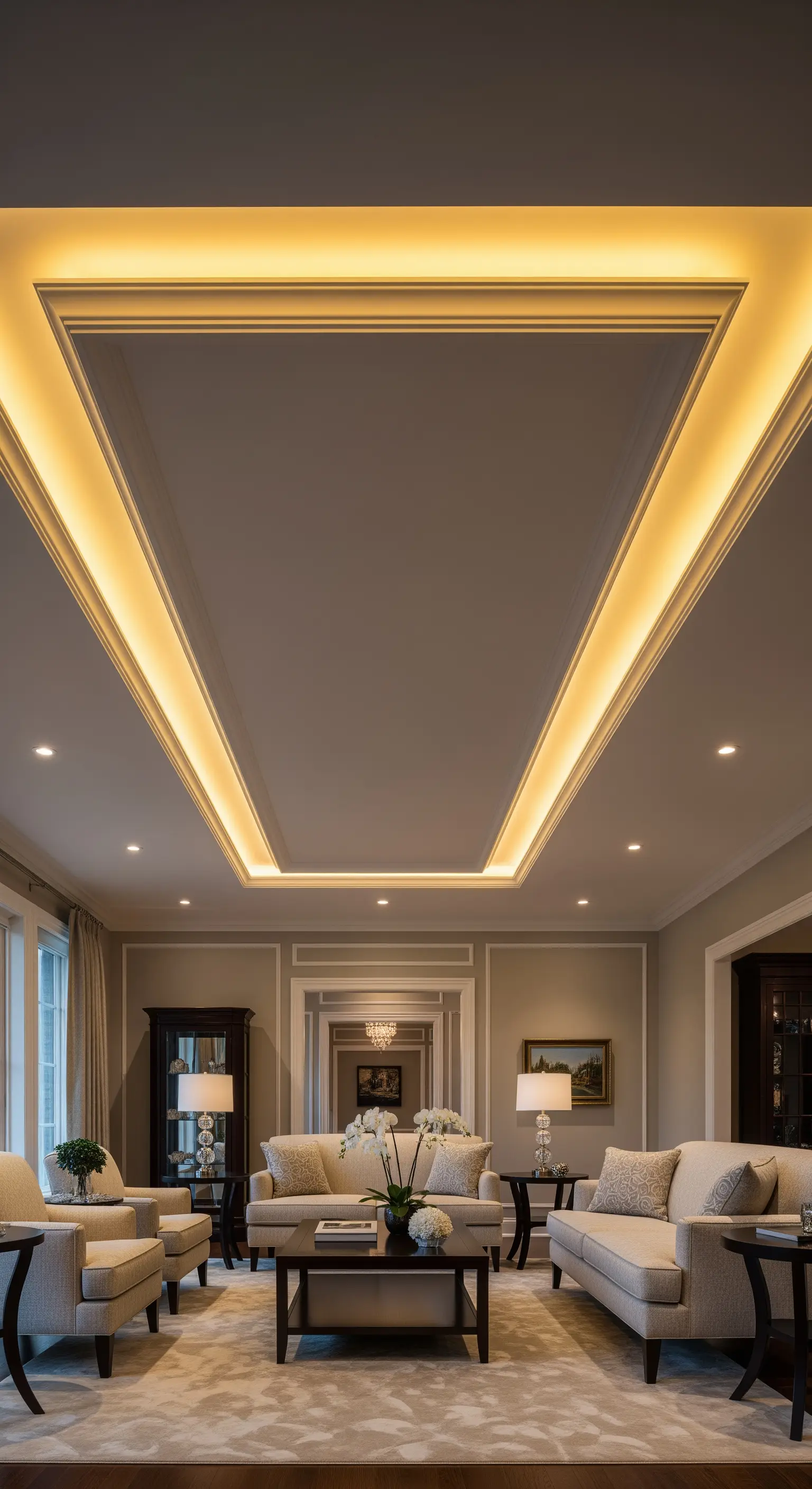 Elegantes Wohnzimmer mit einer Kassettendecke, die durch indirekte LED-Beleuchtung betont wird