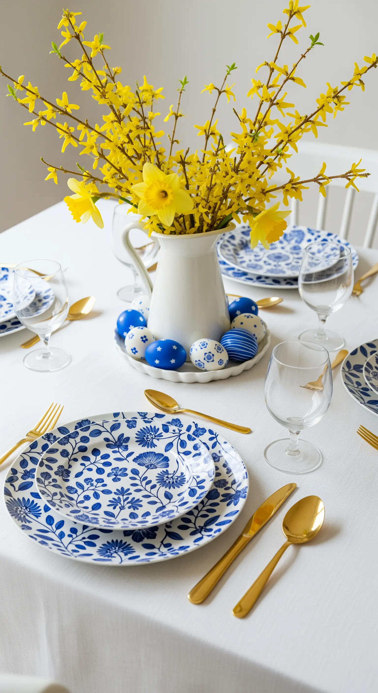 Ostertisch mit blau-weiß gemustertem Geschirr und einem Strauß gelber Blumen.