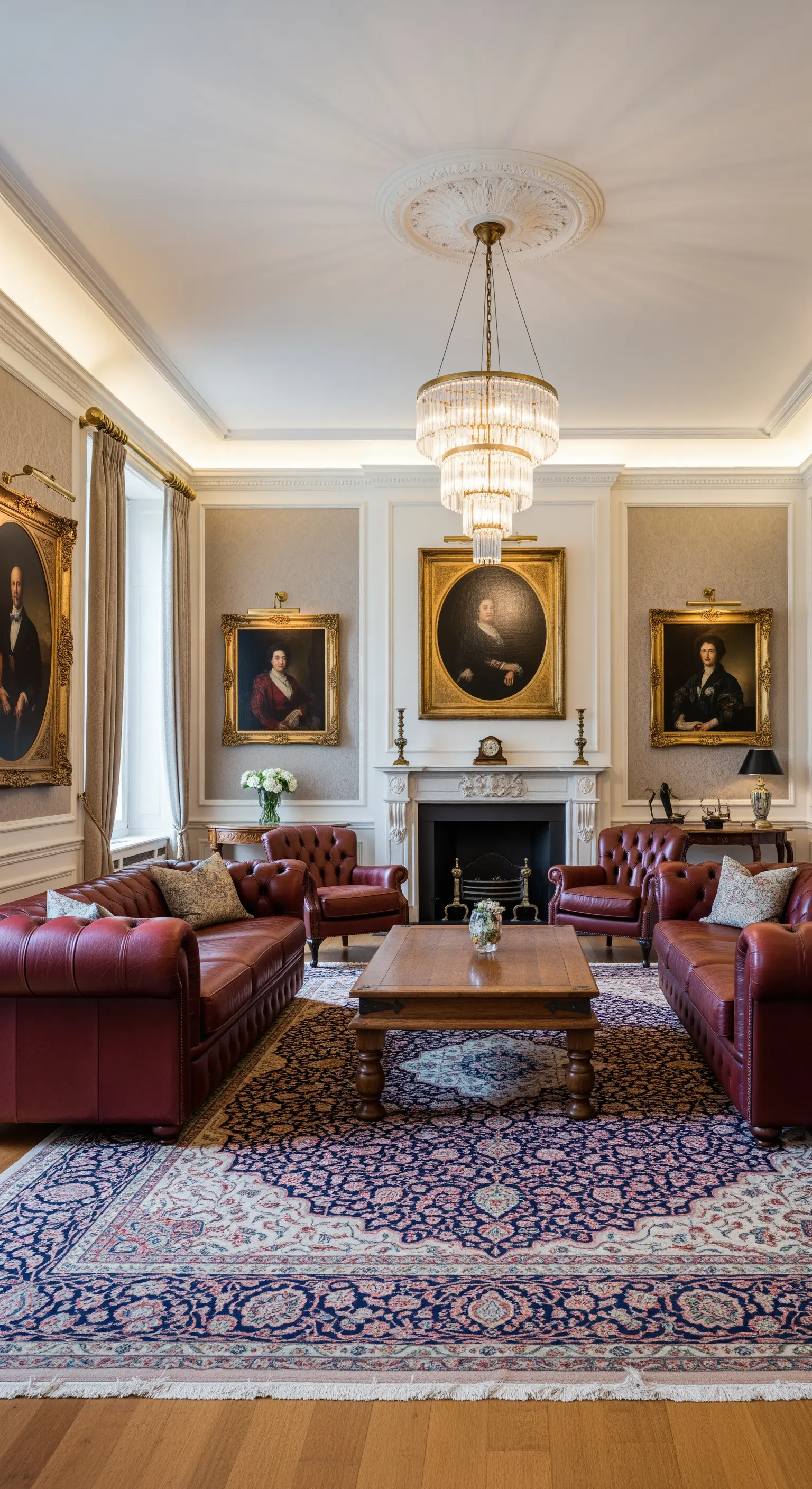 Traditionelles Wohnzimmer mit symmetrisch angeordneten Ledersofas und großem Teppich.