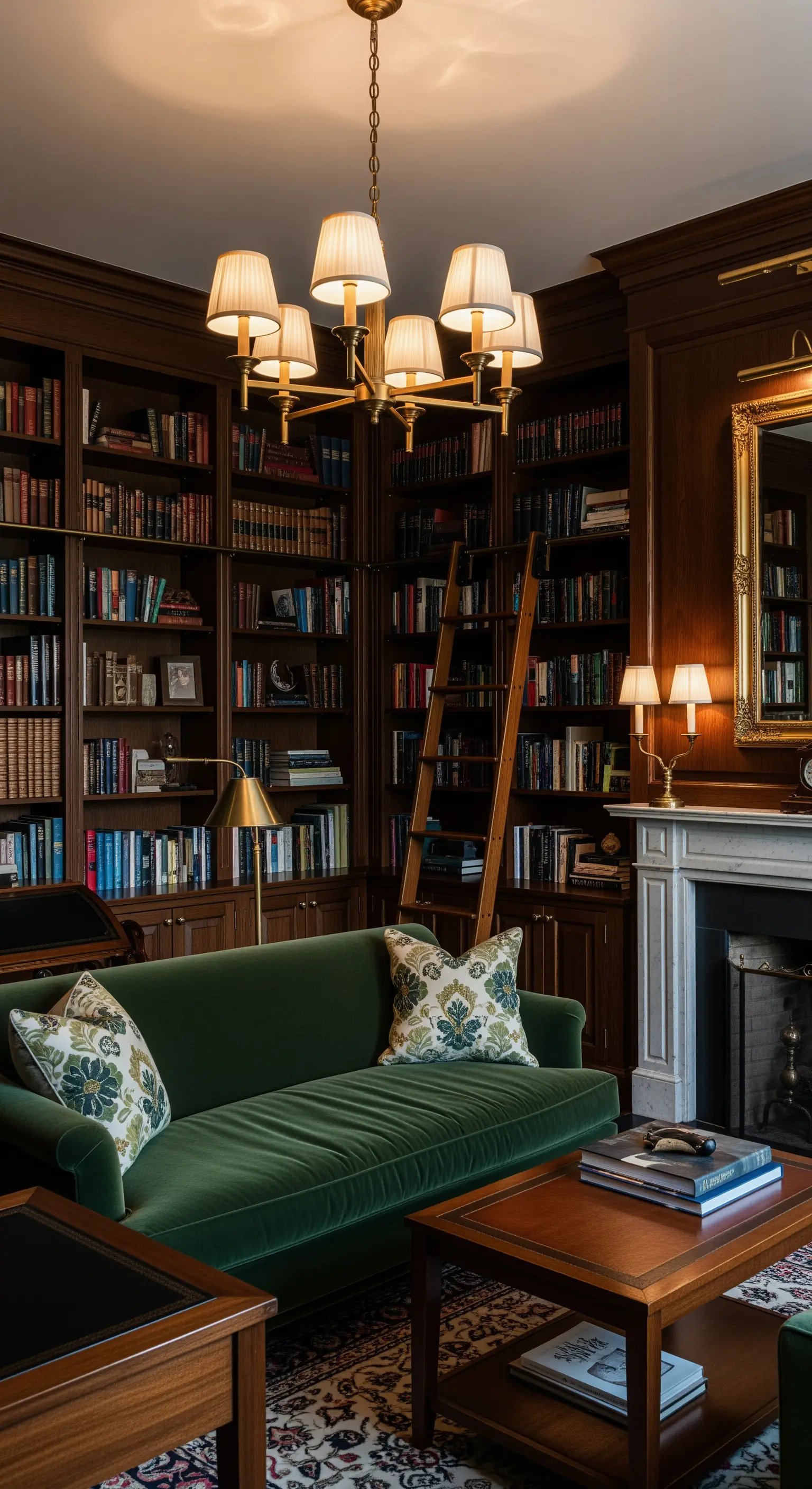 Dunkelgrünes Samtsofa in einer traditionellen Bibliothek mit Kamin und Bücherregalen bis zur Decke.