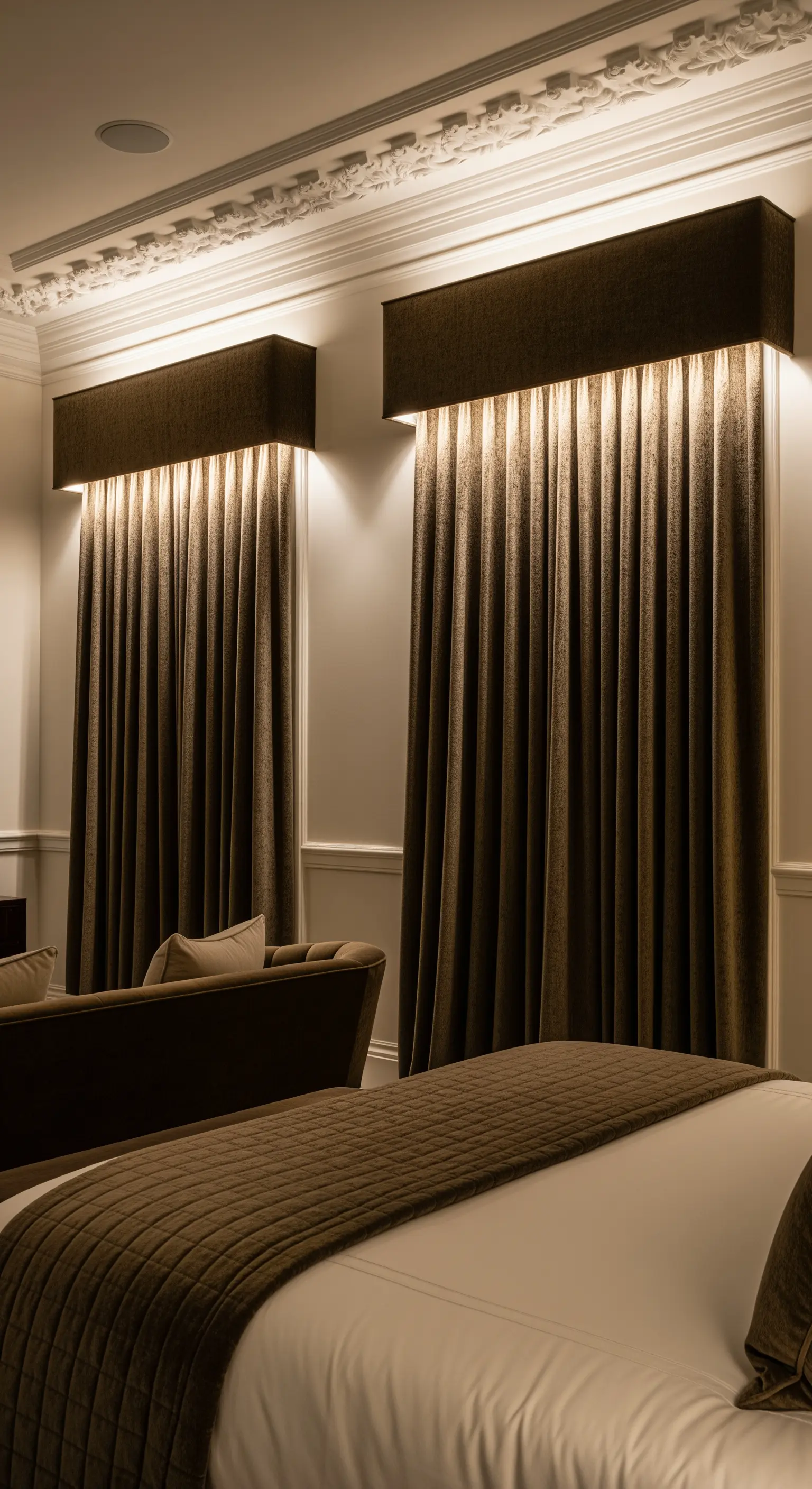 Dunkle Vorhänge in einem klassischen Schlafzimmer, die von oben aus einer verdeckten Blende beleuchtet werden.
