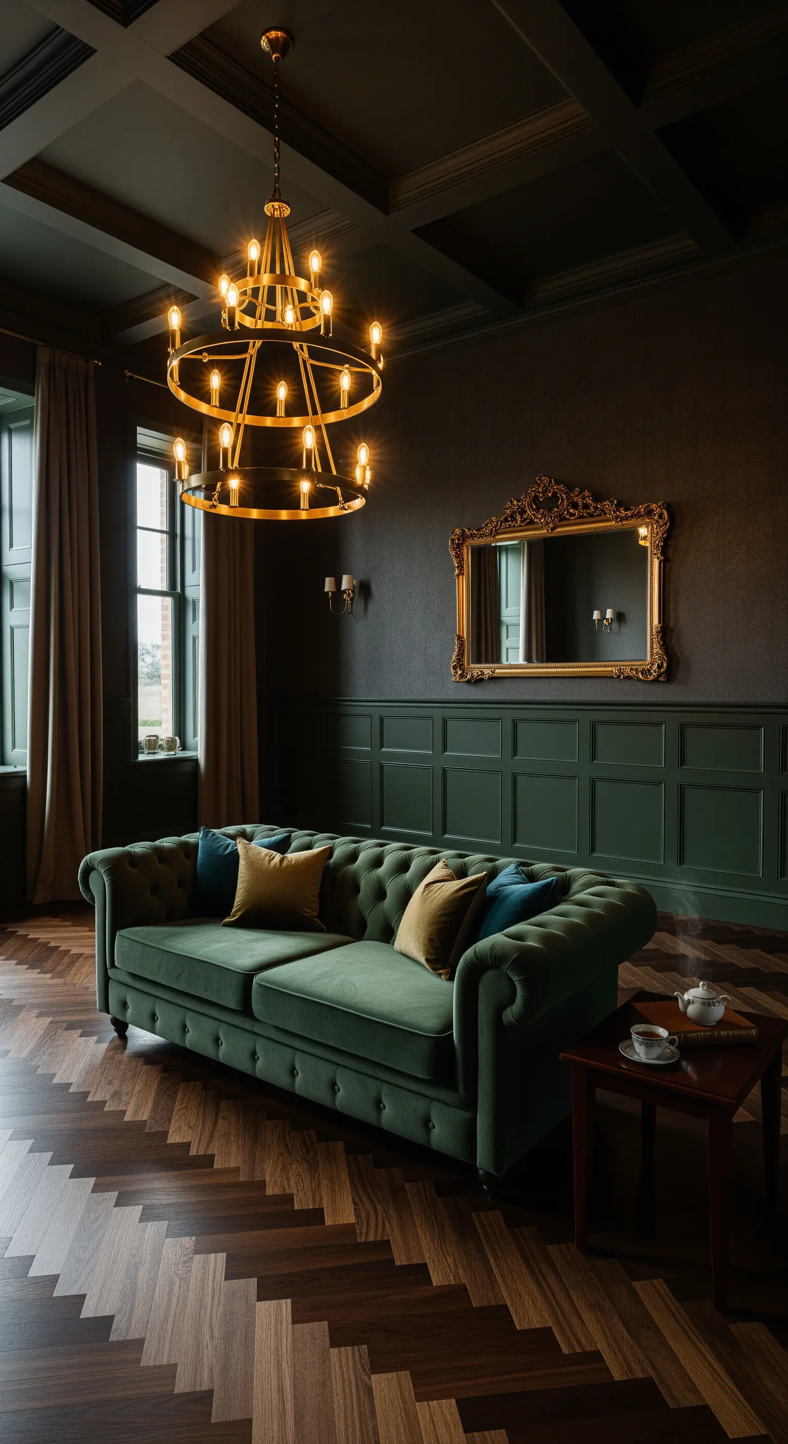 Vertiefte Deckenpaneele, Messing-Kronleuchter, grüne Vorhänge und Samtsofa