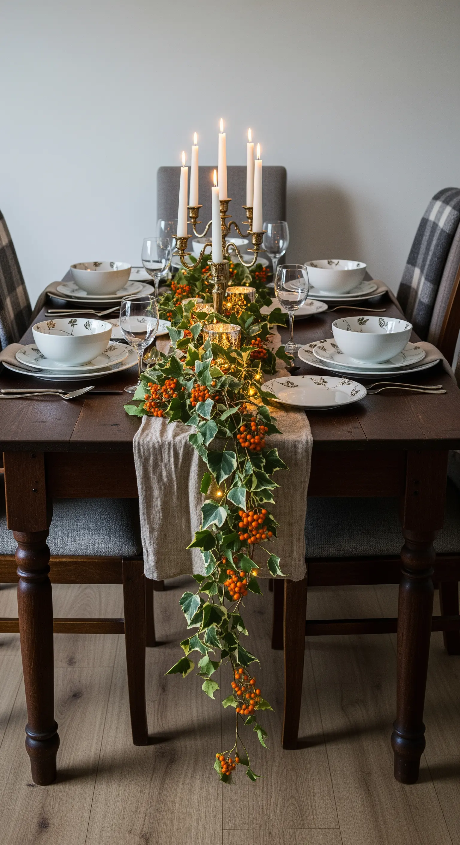 Elegante Herbsttafel, Efeu-Beeren-Girlande, Lichterketten, goldener Kerzenleuchter, karierte Plaids.