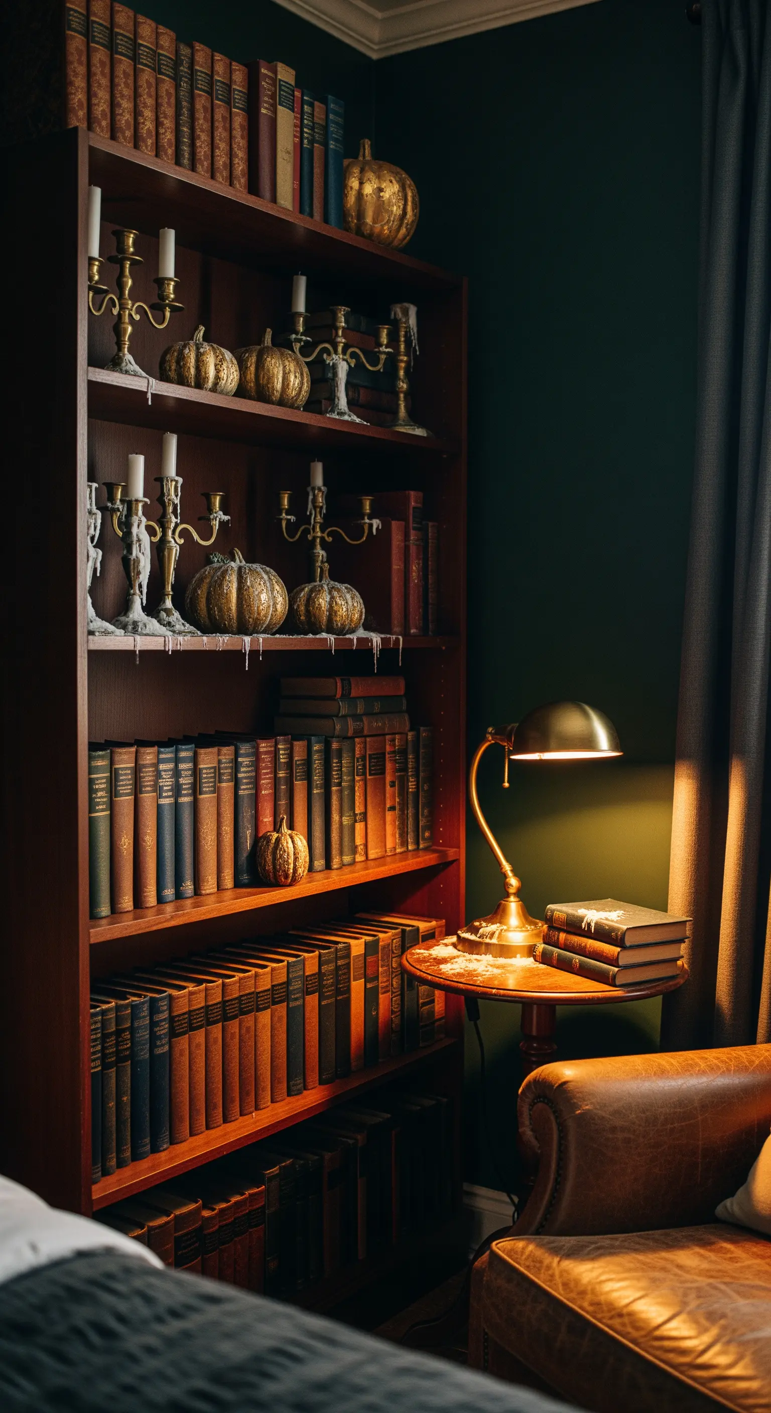 Dark Academia Bücherregal mit goldenen Kürbissen, Messingkerzenhaltern und Leselampe