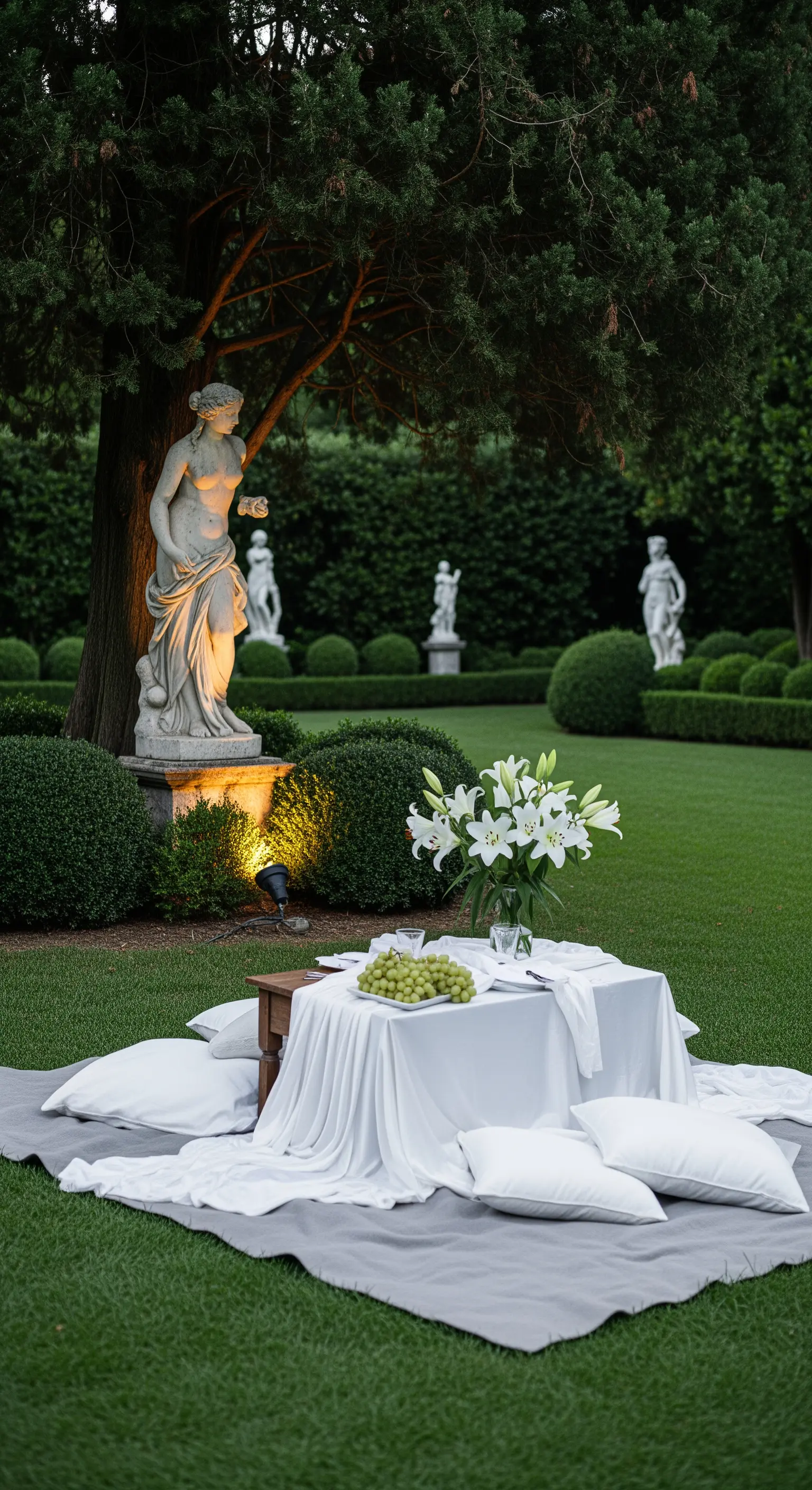 Elegantes Picknick im Skulpturengarten mit weißen Lilien und fließenden Stoffen