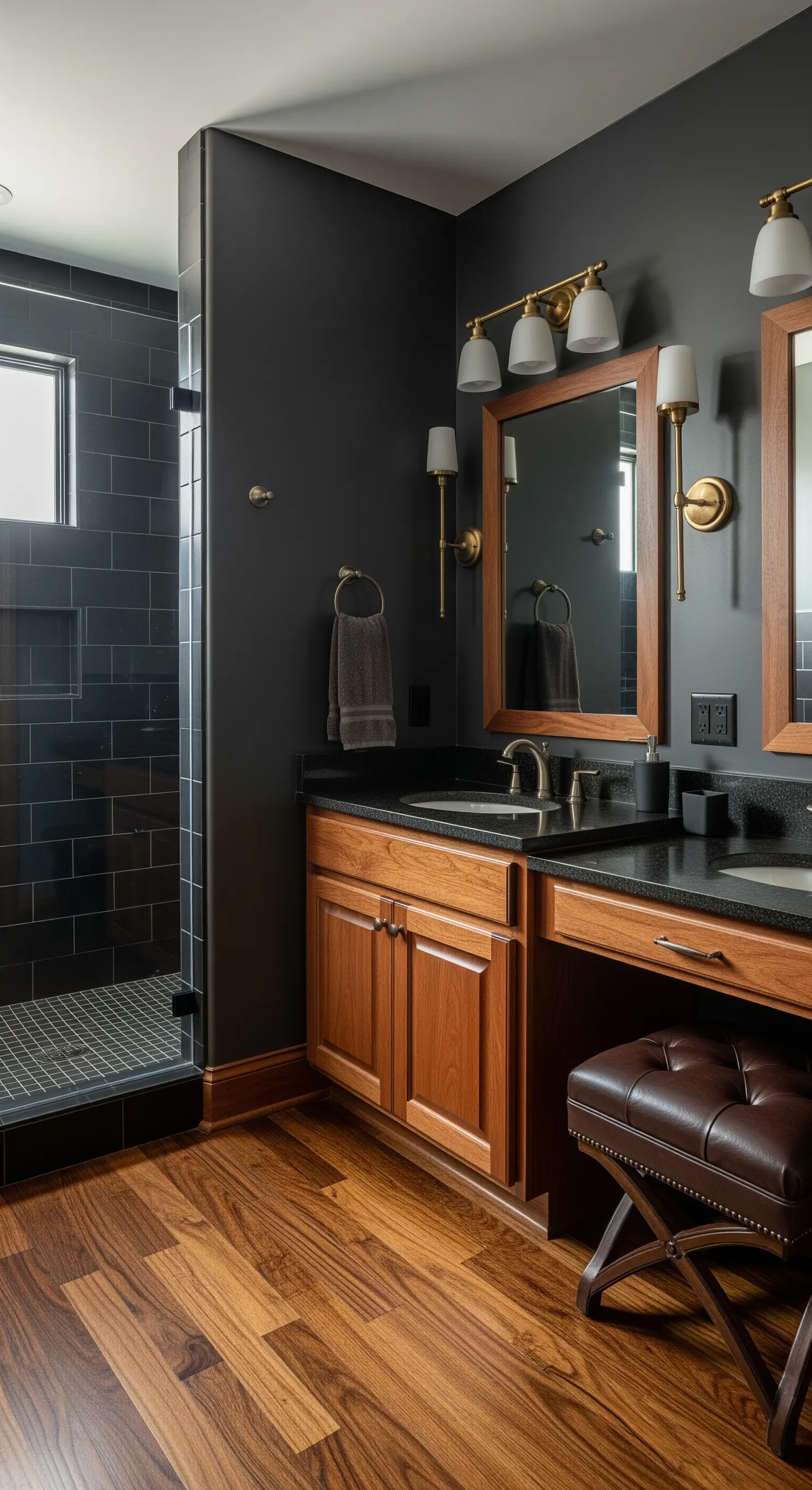 Dunkles Badezimmer mit Holz-Waschtisch und einem Schminkbereich mit Lederhocker