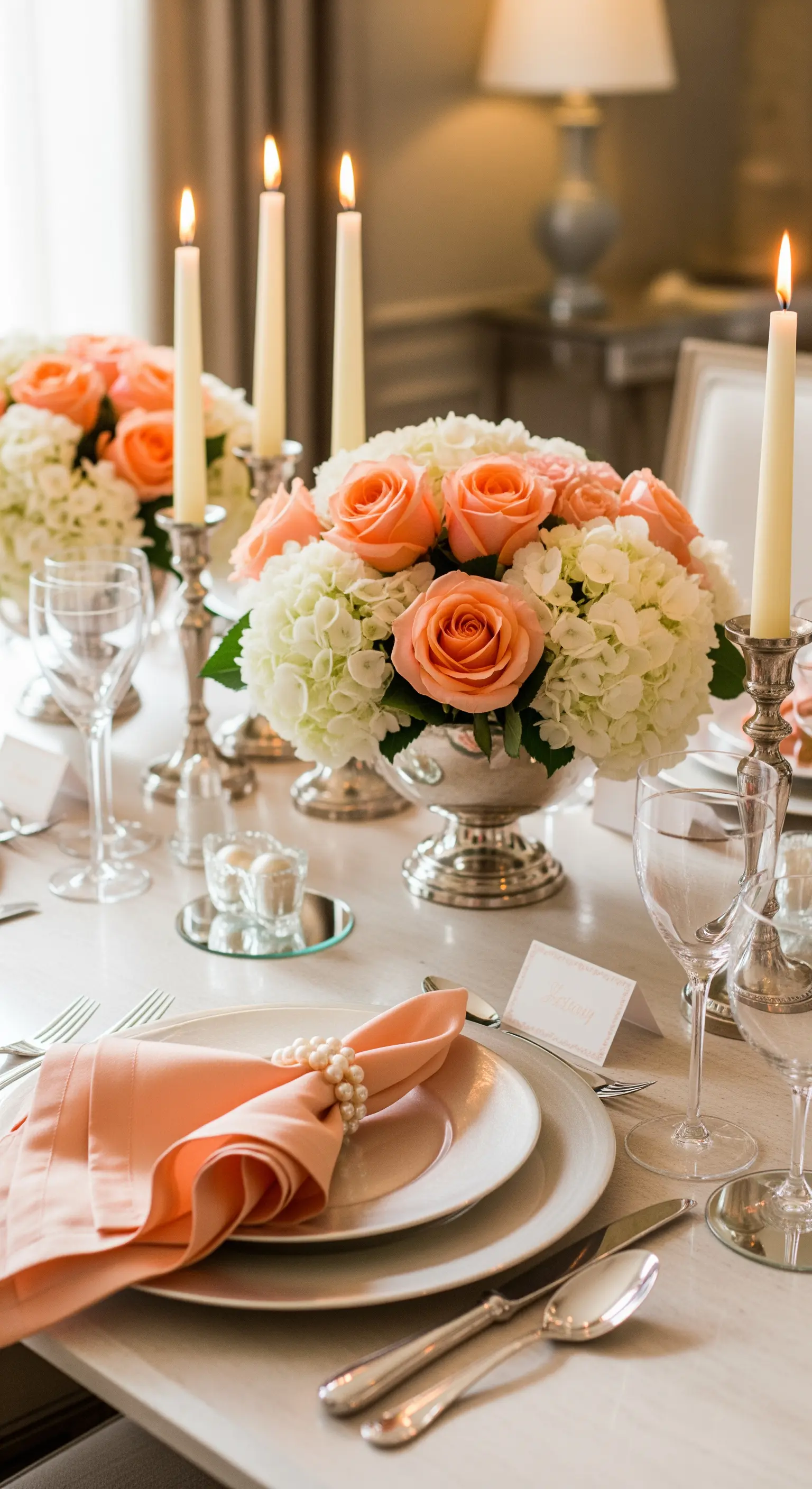 Elegante Ostertafel mit korallfarbenen Rosen, Silberleuchtern und feinem Geschirr
