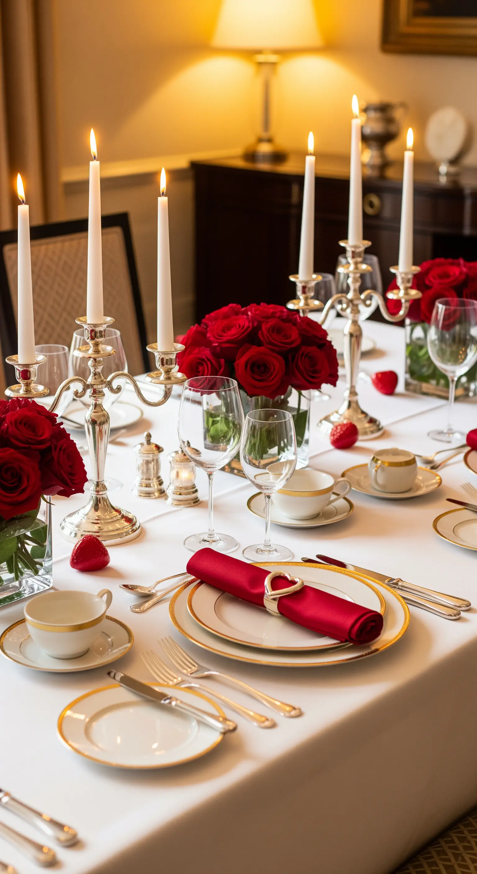 Elegante Tischdekoration mit roten Rosen, silbernen Kerzenleuchtern und Goldgeschirr