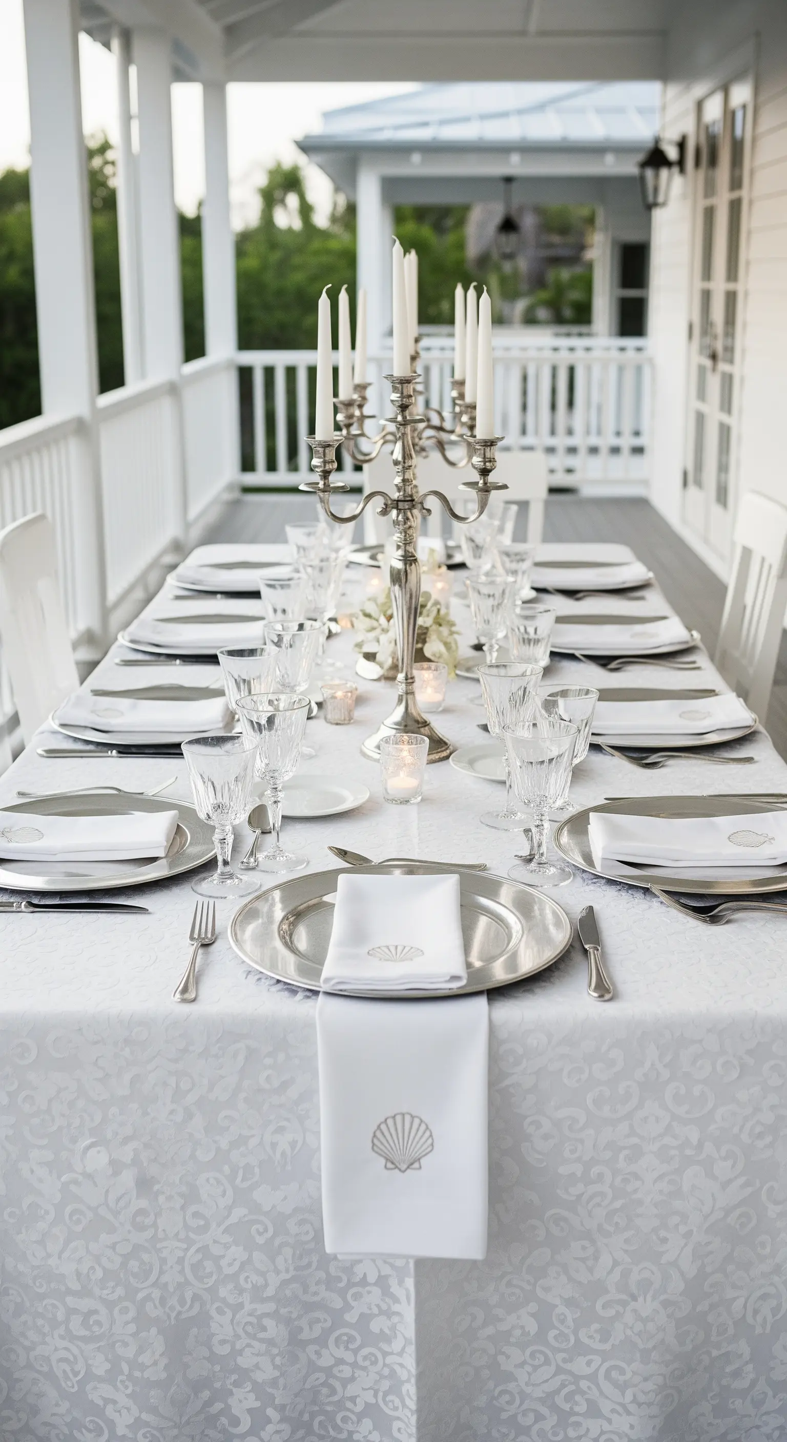 Lange, festliche Tafel in Weiß mit silbernem Kandelaber und bestickten Servietten.