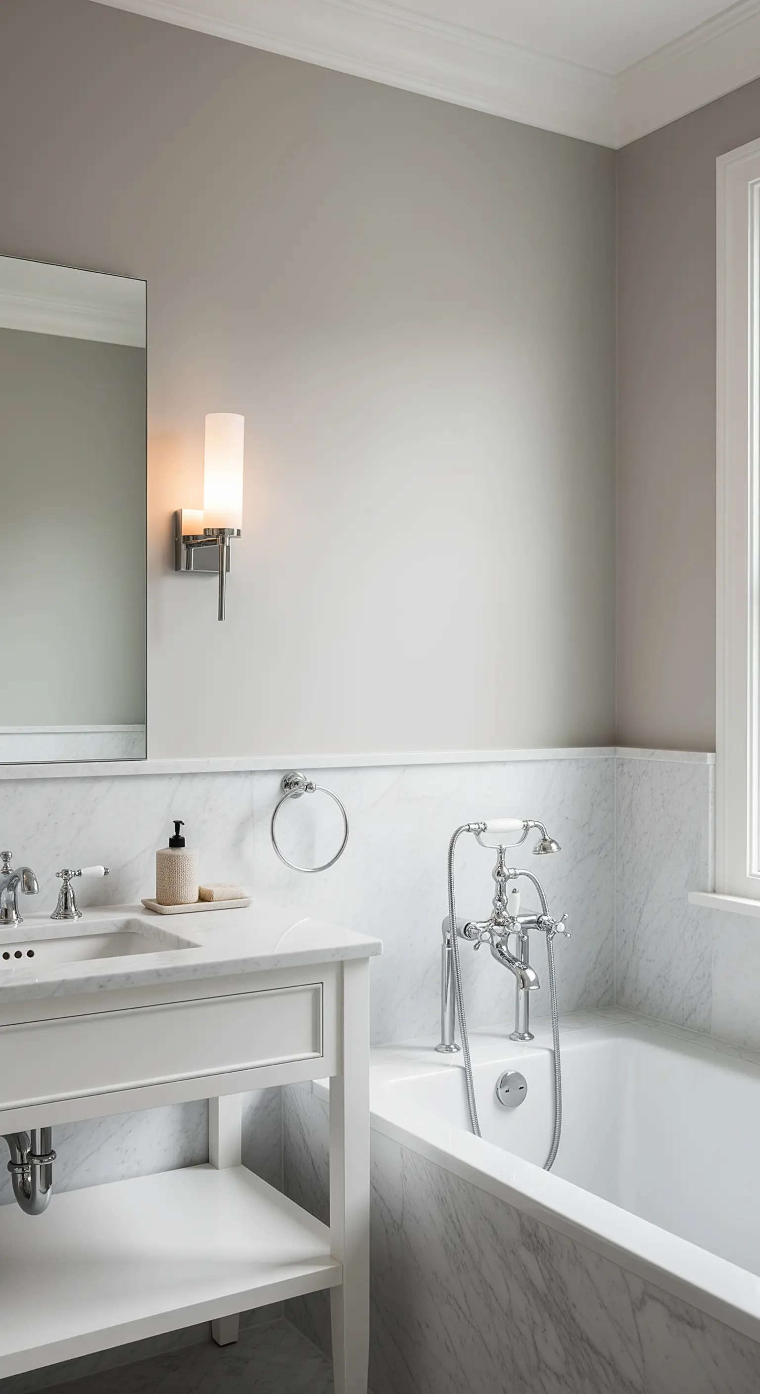 Traditionelles Badezimmer mit halber Marmorverkleidung und grau gestrichener Wand.