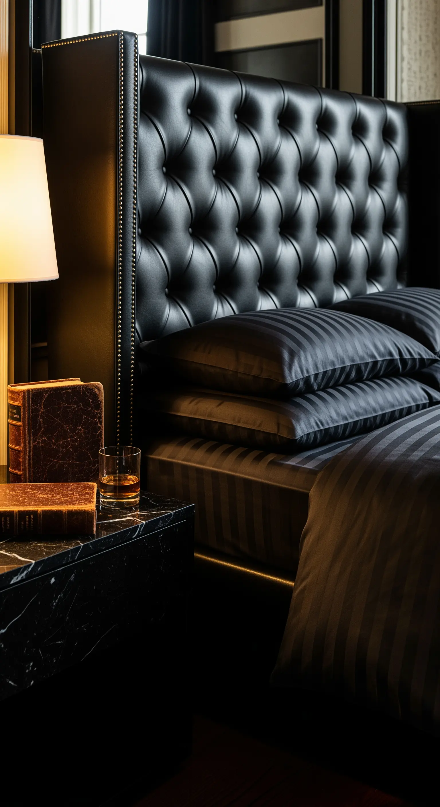Chesterfield-Lederkopfteil, schwarzer Marmor-Nachttisch mit Büchern und Whiskey